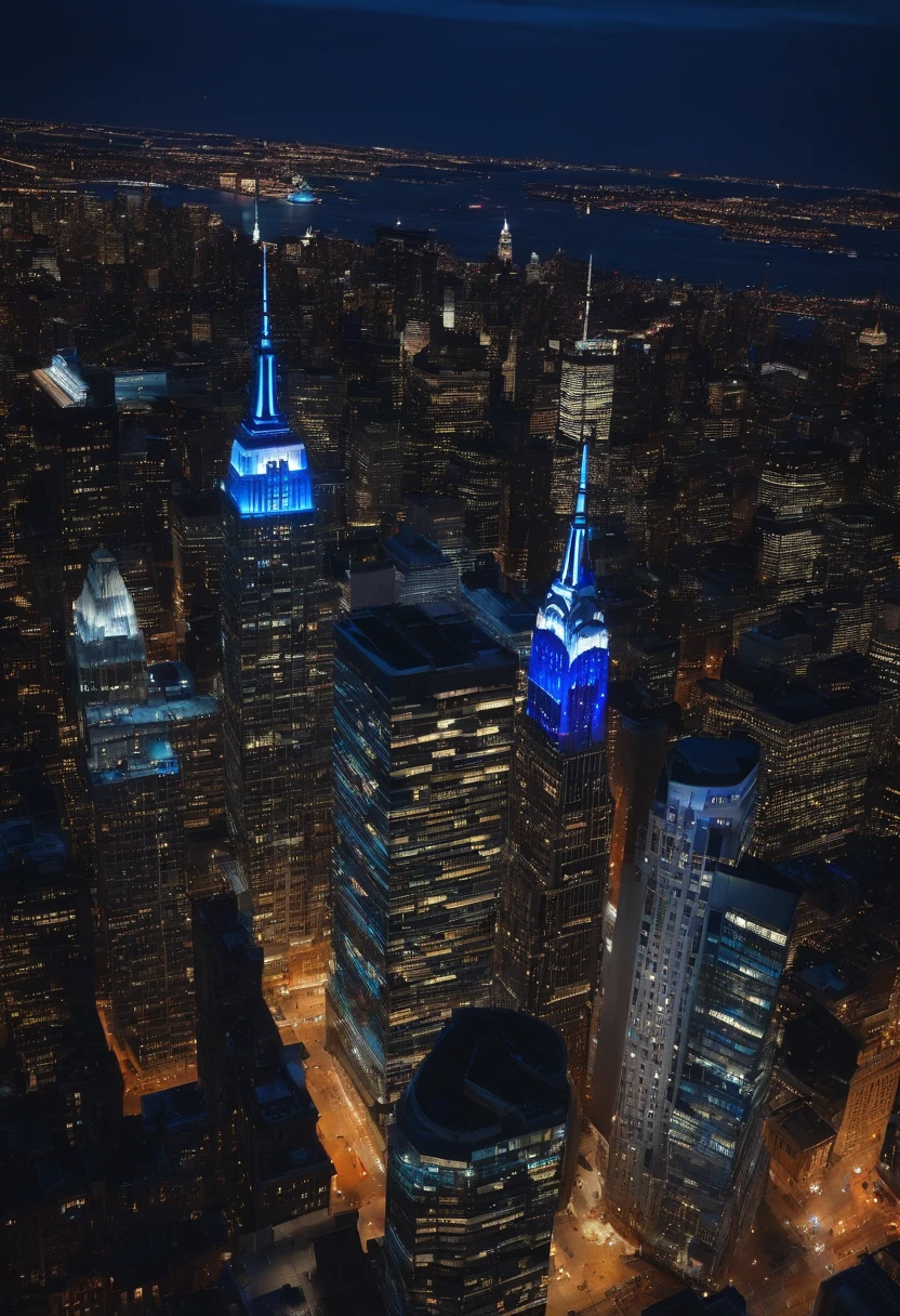 Night aerial view of cinematic realistic buildings with blue lights in windows new york city seen from top to bottom