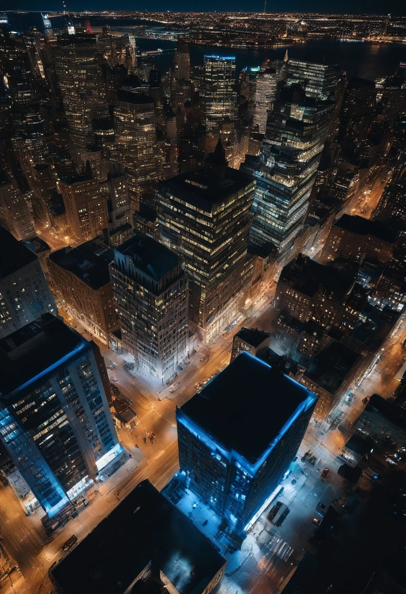 Night aerial view of cinematic realistic buildings with blue lights in windows new york city seen from top to bottom