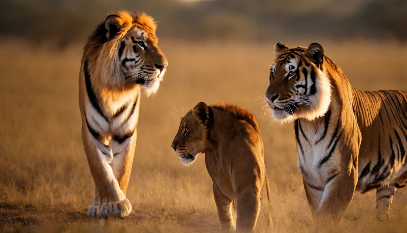 (Tiger and lion meet face to face in the middle of the savannah. Both animals are tense and ready to fight. El sol brilla intensamente sobre ellos).