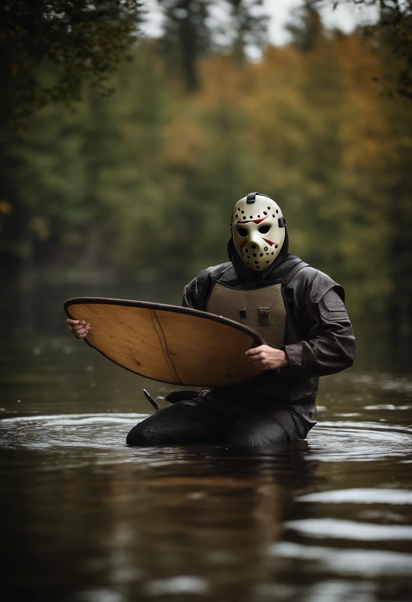 Ein ultrarealistisches Foto einer Totalaufnahme von Jason Voorhees sitzt an einem See mit Wald drumherum, receives a shield high, auf dem steht: "Happy Friday, den 13., Best wishes" best quality, (Meisterwerk:1.35), Tapete, (Illustration), Original, (Depth of field), (1girls:1.35), (nur), full entire body, dynamisch, detailliertes Gesicht,reifes Weibchen, Erwachsene, (alt:1.3), mid large breasts, belustigt, happy,Miko-Kleidung, Blumen-Besatz,absurd lange Haare, schwarzes Haar,Eselsohren volumetrische Beleuchtung, Herbstlaub, Tyndall-Effekt,