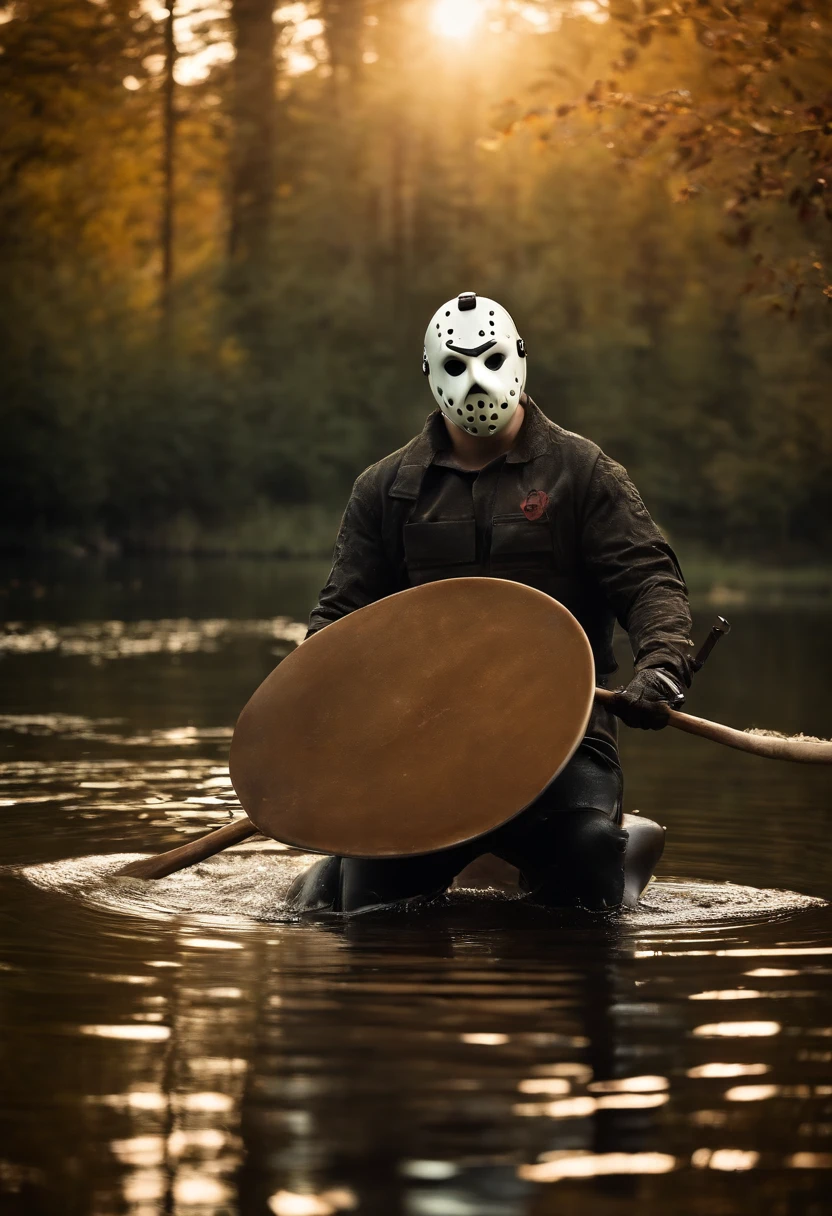 (masterpiece, 4K, ultra detailed), Jason Voorhees, single, masculine, two blogs haircut, medium length hair, bangs in front of mask, noon, sunny, lake, cartoony, realistic, single Jason's white mask, shirtless, black hairy, muscular, lean, eight-pack, naked, penis