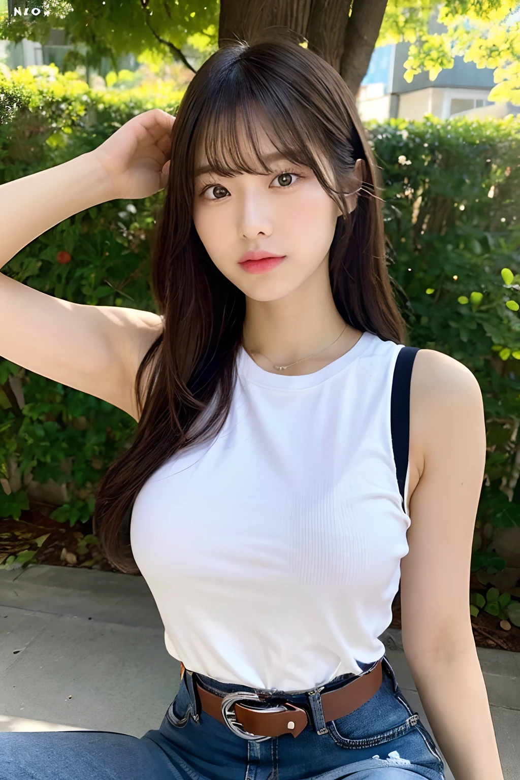 ​masterpiece、top-quality、The ultra -The high-definition、、colourfull、flat-colors、depth of fields、lens flare 1 girl、、A dark-haired、watching at viewers　　　Black Cutter Shirt　a belt　suspenders　working adults　materia　OL　　　glares　large full breasts　JINS　jeans　 Face sitting
Waiting to start　 Armpit sweat　perspiring　Side of both hands
