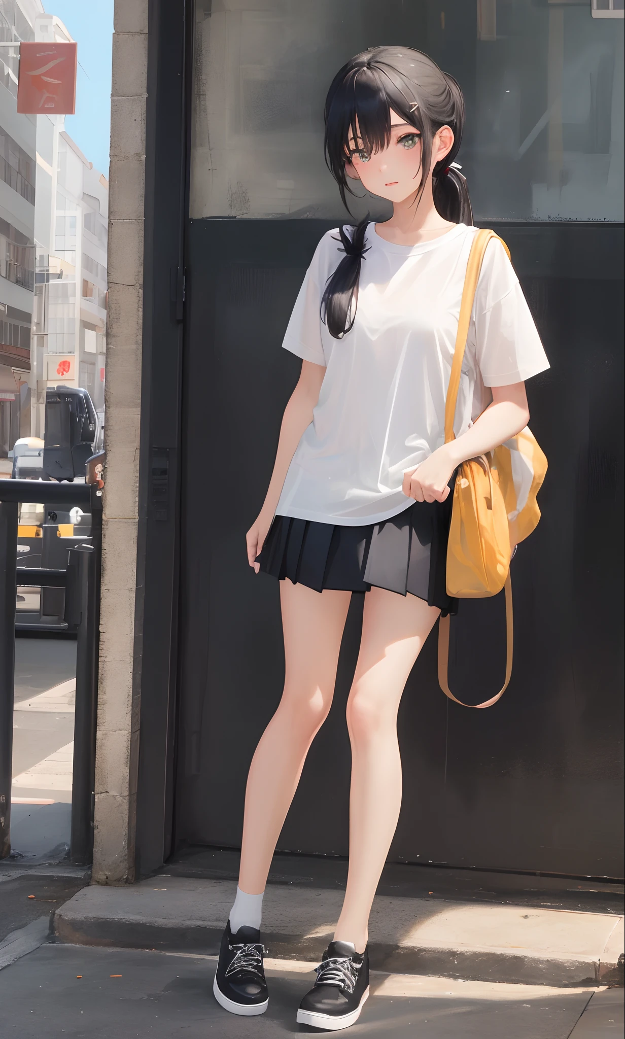 (tmasterpiece,best qualtiy:1.2),(ultra - detailed),Ultra photo realsisim,1girll,cute girly,Her long black hair was tied into a ponytail,Wearing a white T-shirt,The lower body is paired with a pleated skirt,The long white legs stepped on a pair of canvas shoes