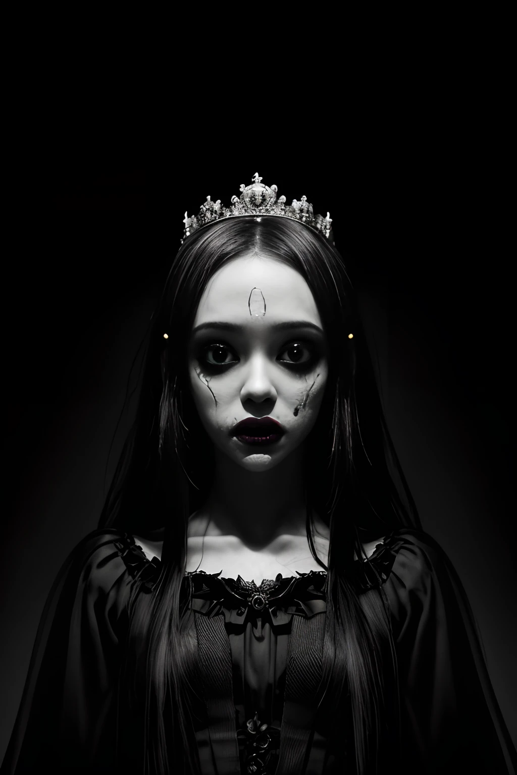 beautiful princess in neo-paedics, creepy and small details, scary, horror, realistic, hyperdetailed, low contrast, black and white