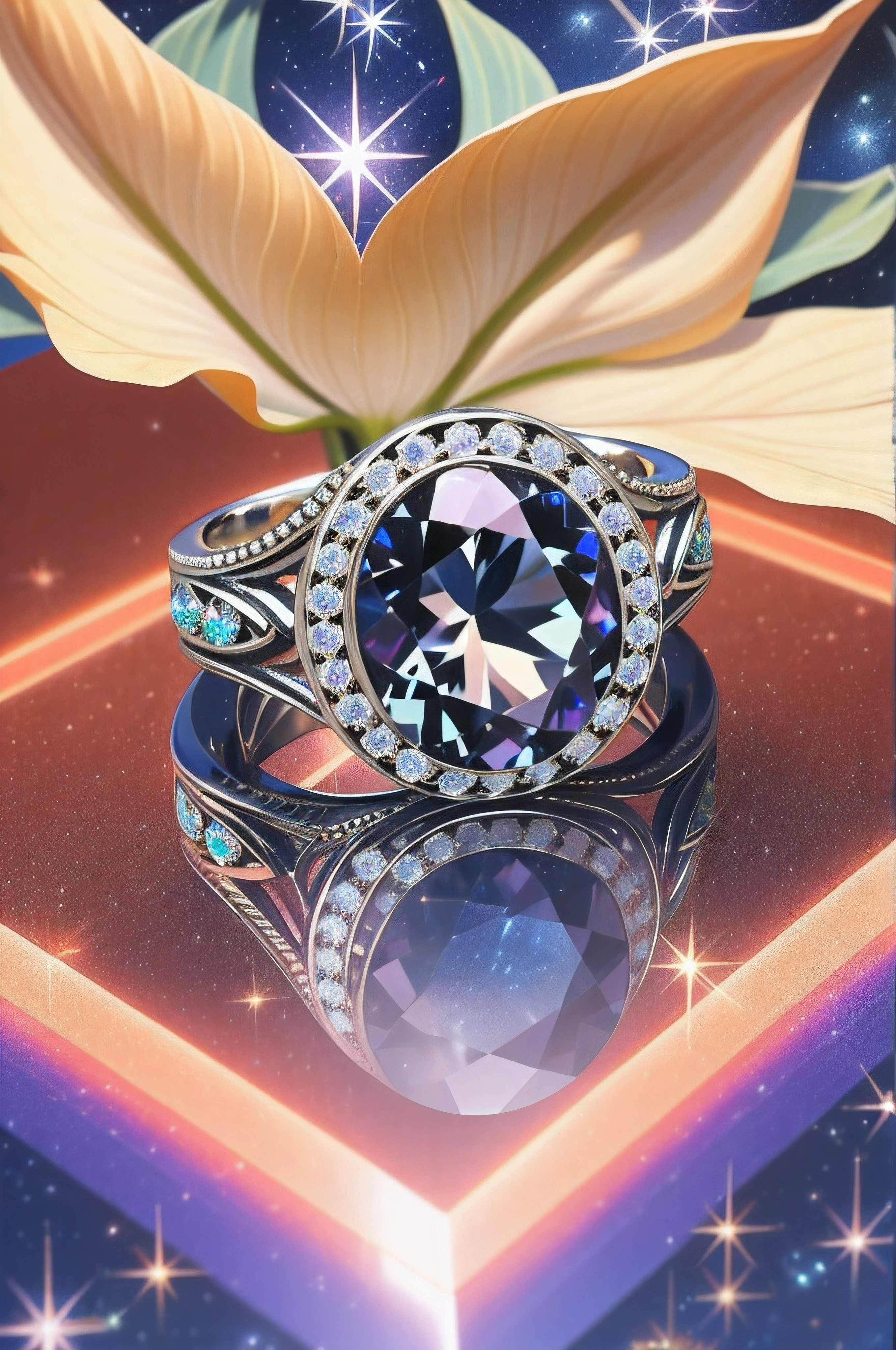 ((Masterpiece)), ((highest quality)), ((Nothing but the ring))，(No Human),The ring is set with a phoenix，starrysky，Wrapped around the end from beginning to end，Delicate silver ring， Starry sky in the ring,The sheen，inverted image，Sparkling blue-purple gemstones，Elegant and noble, lotus flowers, (ultra details), (beautiful flowers), background with stars in the sky, shimmering and brilliant,