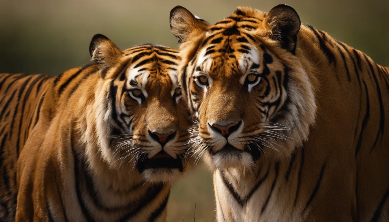 best quality,4k,highres,masterpiece:1.2,ultra-detailed,realistic:1.37,a tiger and a lion facing each other in the middle of the savannah,beautiful detailed eyes, sharp focus,physically-based rendering,detailed fur texture,courageous and majestic appearance,tense atmosphere,straining muscles,ready to fight,strong and powerful bodies,sun shining brightly, warm and vivid colors,stunning sunlight and shadow contrast,immersive studio lighting,thirst for victory,ferocious and determined expressions,incredibly realistic depiction of the tiger's and lion's features,contrasting patterns of stripes and mane,striking and dynamic composition,captivating wildlife encounter,unforgettable moment in nature,powerful and dominant presence,huge roaring sound producing intense vibration,a scene of raw and untamed power,wild beauty of African wildlife,awe-inspiring and thrilling confrontation,grandeur and strength symbolized by the king of the jungle and the mighty tiger.