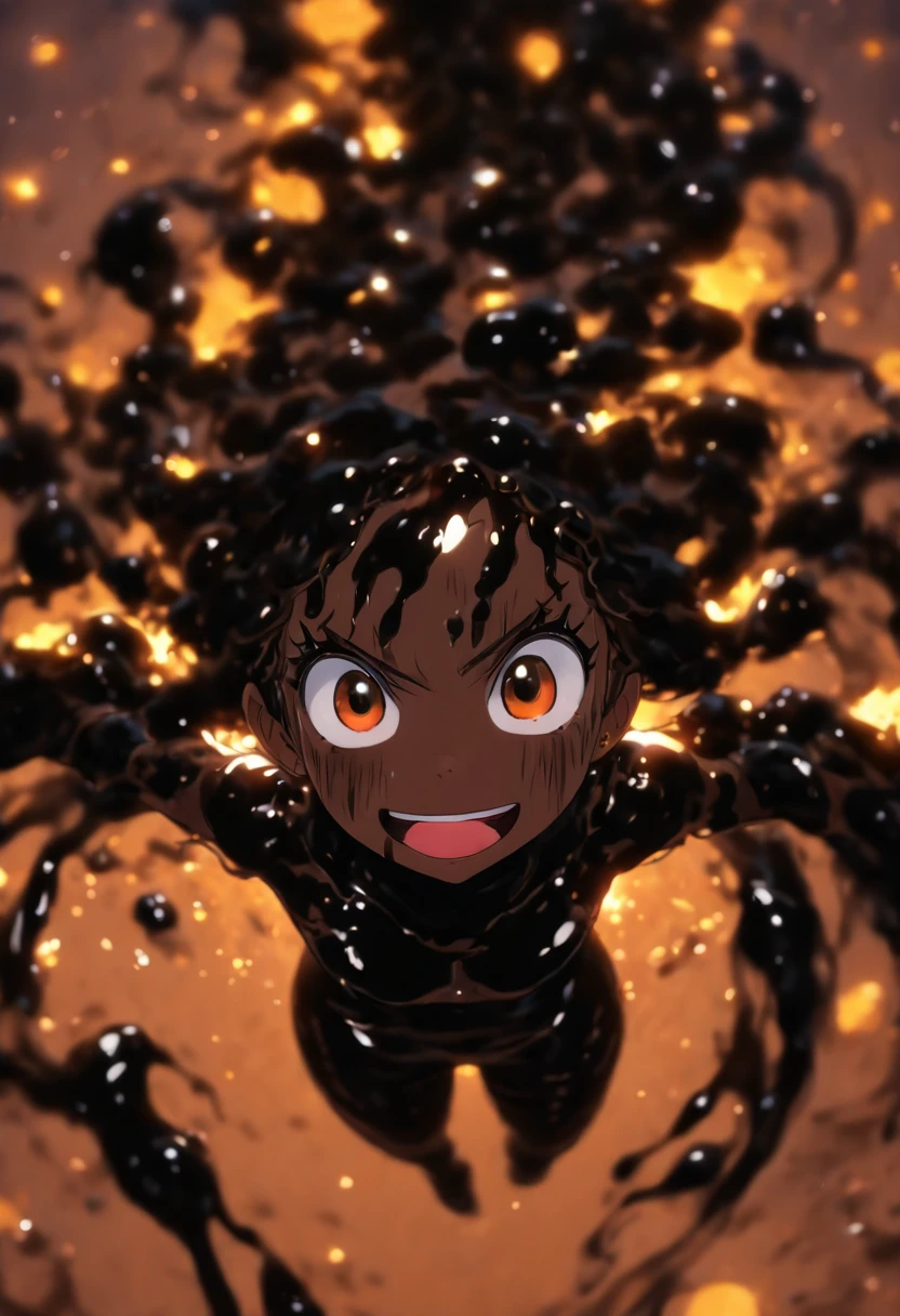 ((((masterpiece, best quality, ultra high-resolution)))), unity 8k wallpaper, detailed beautiful eyes,
 nsfw,
 looking up at viewer, from above, (focus on the face), upper body, ((((frontlight)))),
 (((((black slime, fusion of girl and black slime, black slime girl))))), 1girl, (((very dark skin))), ((dark brown hair)), long hair, (dark brown eyes), detailed eyebrows, large breasts, nude, naughty smile, closed mouth,
 in the chocolate, steam
,shiny skin, shiny body