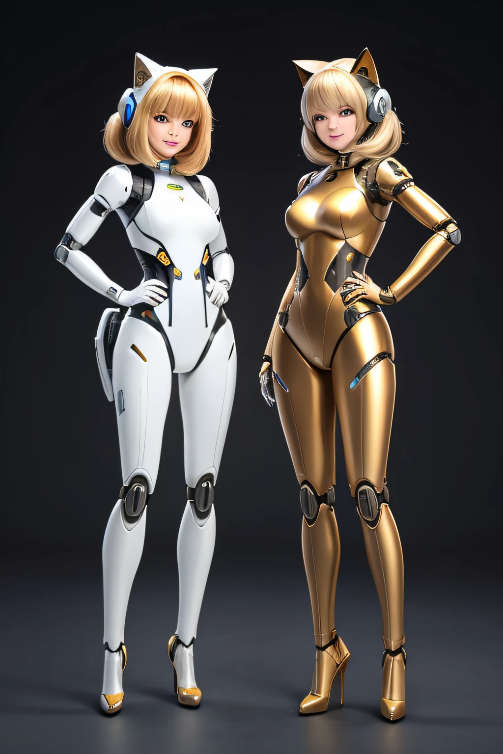 Two female robots incorporating cat characteristics　hair is blond and brown　The face remains human　Mechanical body like a rubber suit　Cat-shaped ears　Cat's tail　grinning evily　Standing side by side Feet shaped like high heels　Full body like