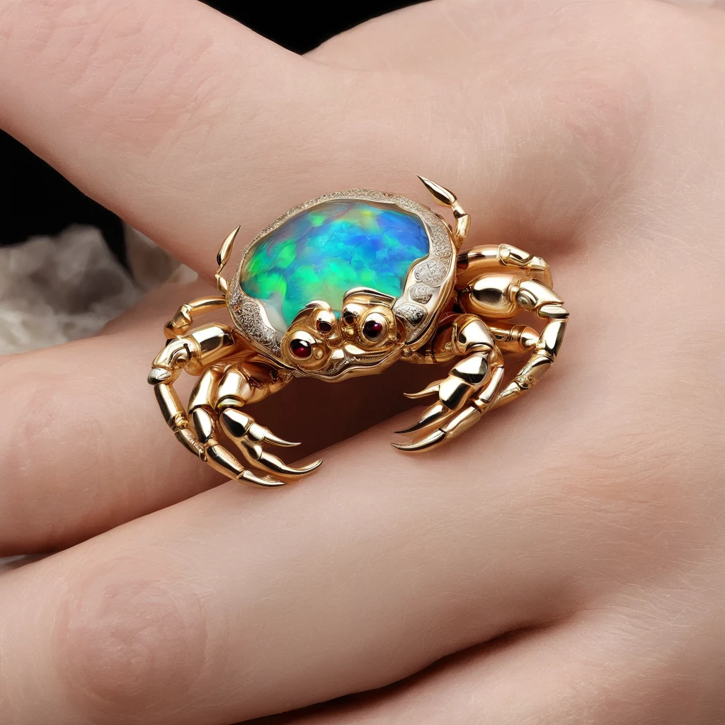 (Close-up of a circle of gravel opals:1.8), Crab shape,(The crab body is made of gravel opal),(Set with ruby cute crab eyes)(The mouth),Playful tentacles on the head,(2 crab clips wrapped around the ring handle:1.0),Complete limbs full of details,对称,(Professional inlaying),copious jewelry, ,Platinum and gold thread,Cute shape,Cartoony,