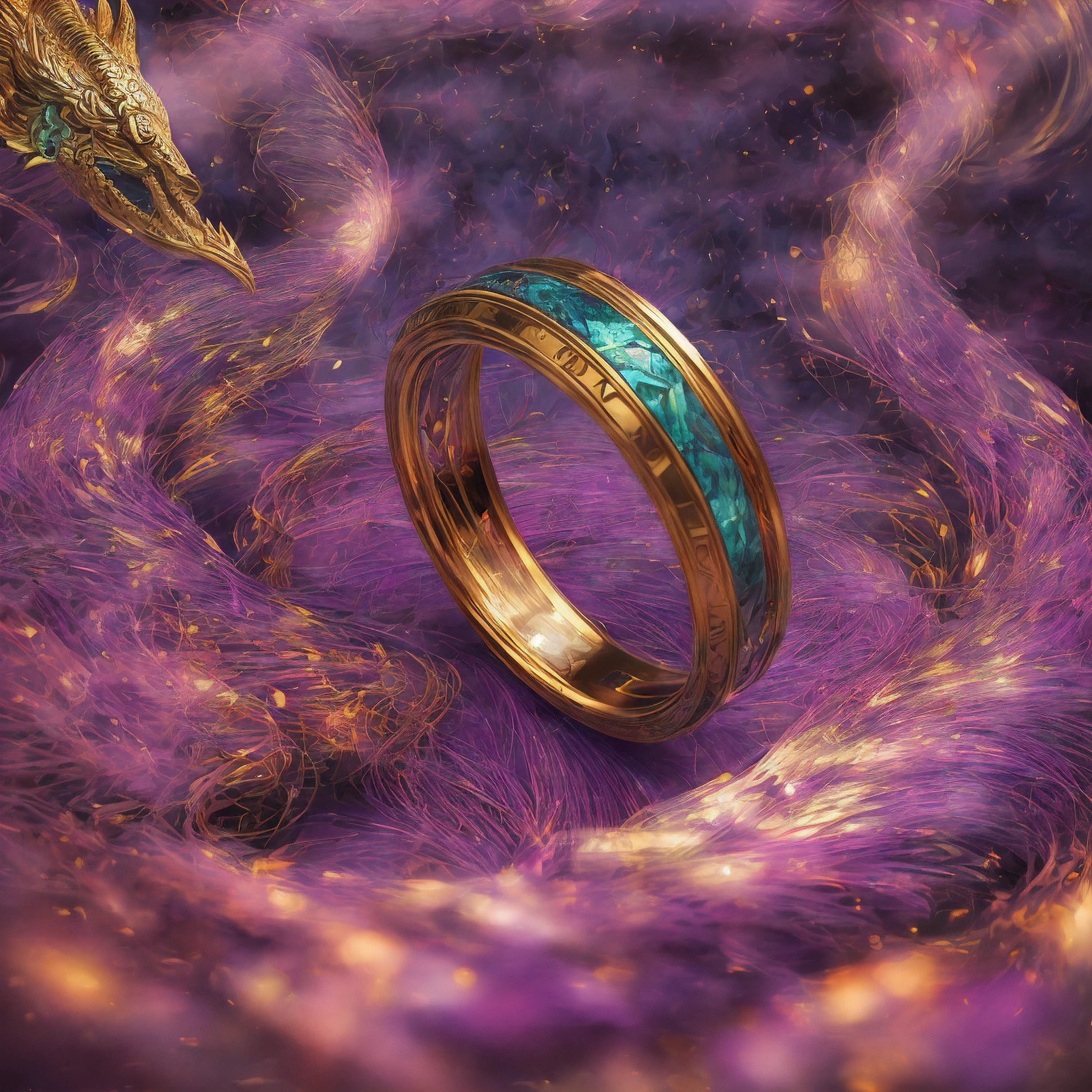 couple ring, golden platinum, dragon engraved, phoenix engraved, purple light streams emanating from the rings, (best quality, 4k, 8k, highest, masterpiece:1.2), ultra-detailed, (realistic, photorealistic, photo-realistic:1.37), HDR, UHD, studio lighting,ultra-fine painting, sharp focus,physically-based rendering, extreme detail description, professional, vivid colors, bokeh, portraits, landscape, horror, anime, sci-fi,photography,concept artists, deep and rich tones, warm and romantic lighting