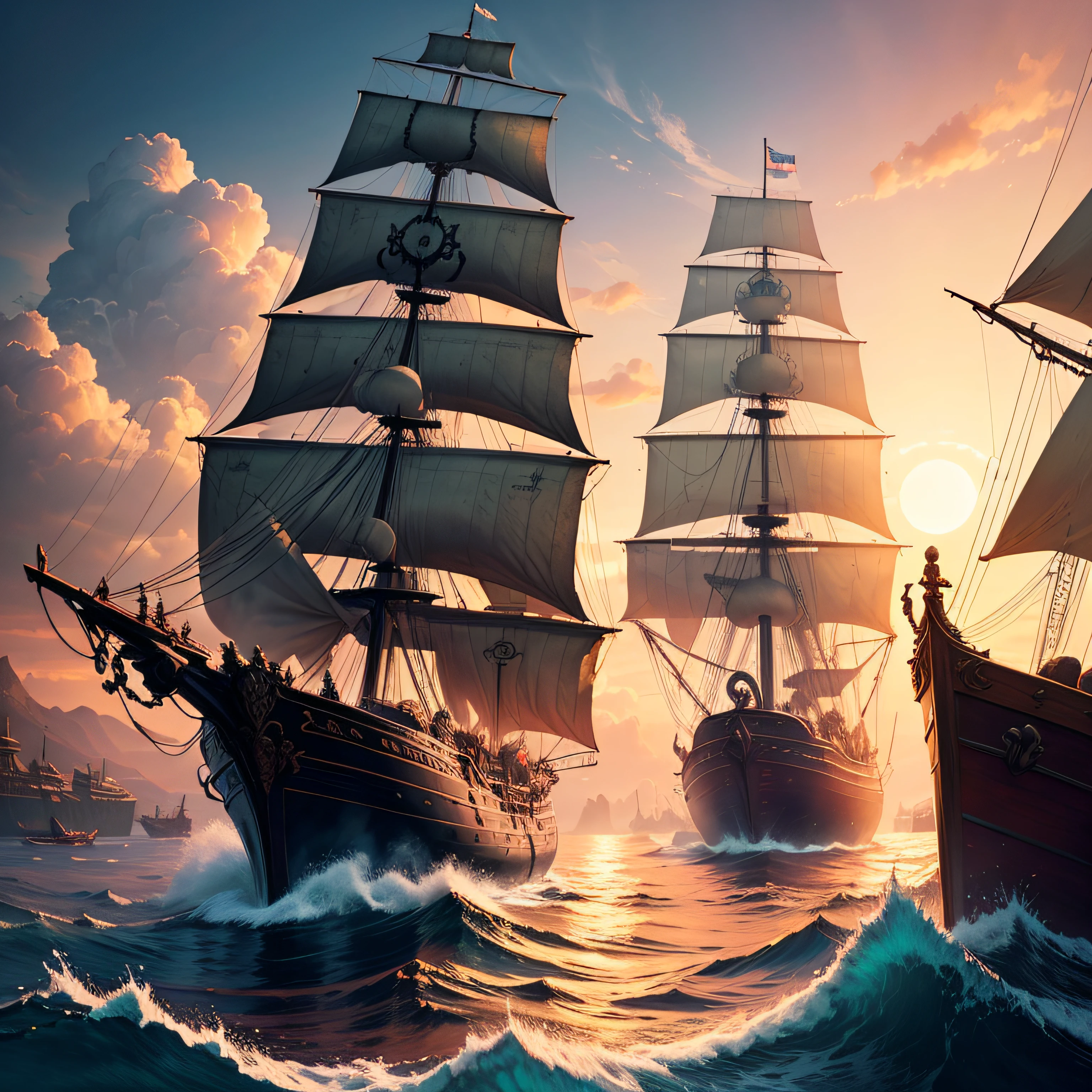 Depict a mythical scene of pirate ships sailing through a mystical sunset, with a touch of fantasy and adventure. Paint the sky with surreal colors and ethereal light, showcasing the diverse fleet of ships as they navigate through the magical waters.