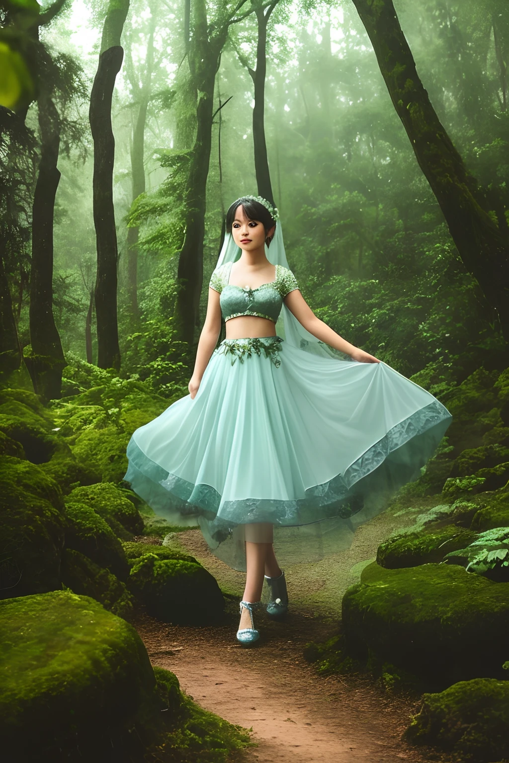In a fantastic forest shrouded in mist、ancient tree々In the center of the row of、A beautiful fairy wearing mint leaves is floating。She has the appearance of a beautiful woman.、The figure is full of cleanliness。Although the surroundings are depicted in a rather dark tone、Only the fairy is illuminated by a light like a bright spotlight。Her facial expressions and posture have a mysterious yet challenging vibe.。