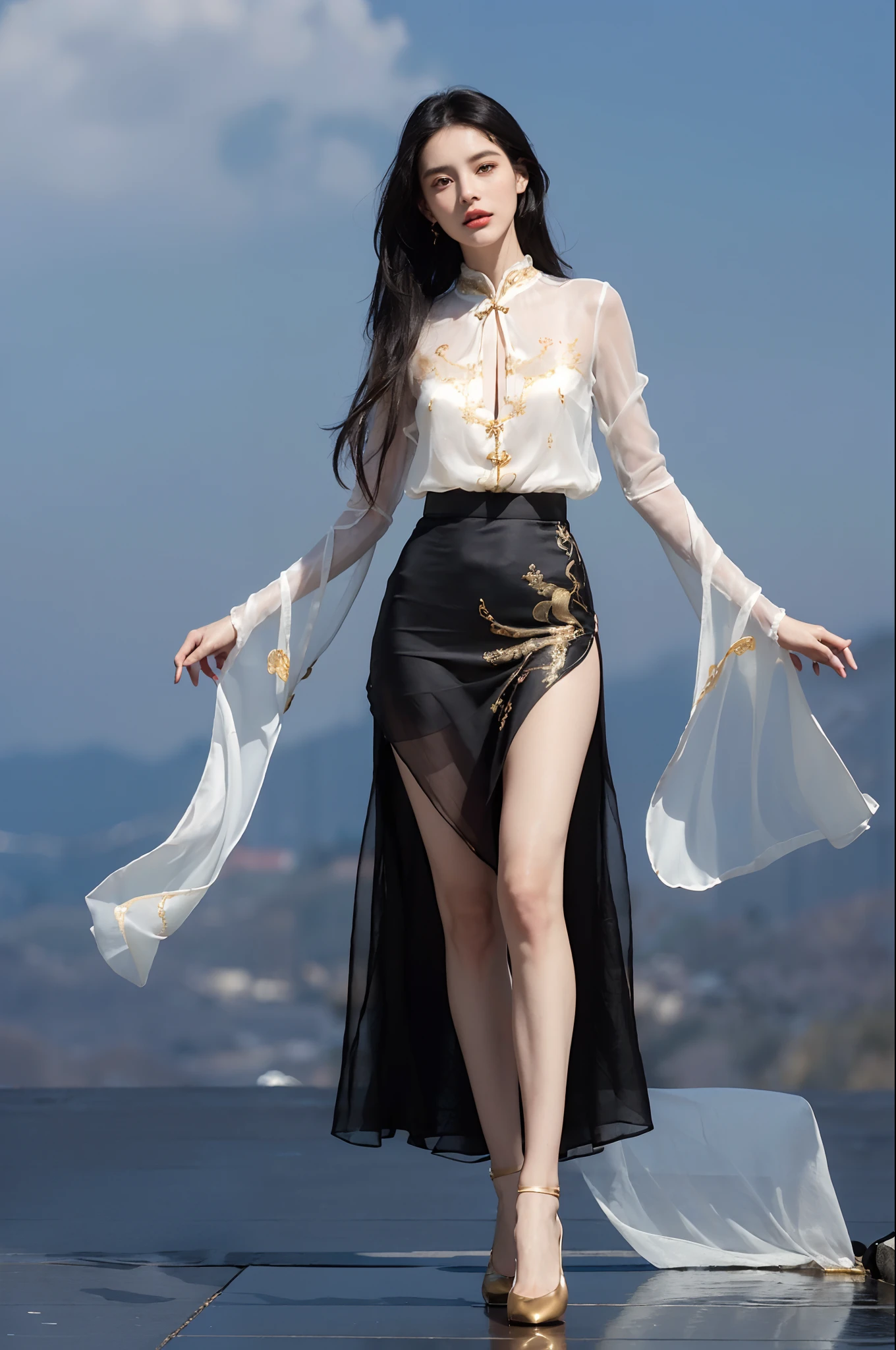 ({(individual),(Brown eyes),(A girl with long straight black hair),(Cute Peugeot face),(8K clear facial features),(Beautiful figure),(Slender limbs),(Wearing an antique Chinese blouse skirt,Silk shoes and cloaks,Use red,blue,White with embroidered gold thread pattern),(Stand on a Chinese-style street),(8k clear,Delicate and complicated),break(The best masterpiece,Best image quality,Best quality),(Best expressions and dynamics:1.3),(Vividness at its best.Dynamic.Realism),(8k,tablecloth,hdr,Positive light,Multi-faceted auxiliary light,Light,Ultra-skin,prettify):1.4},