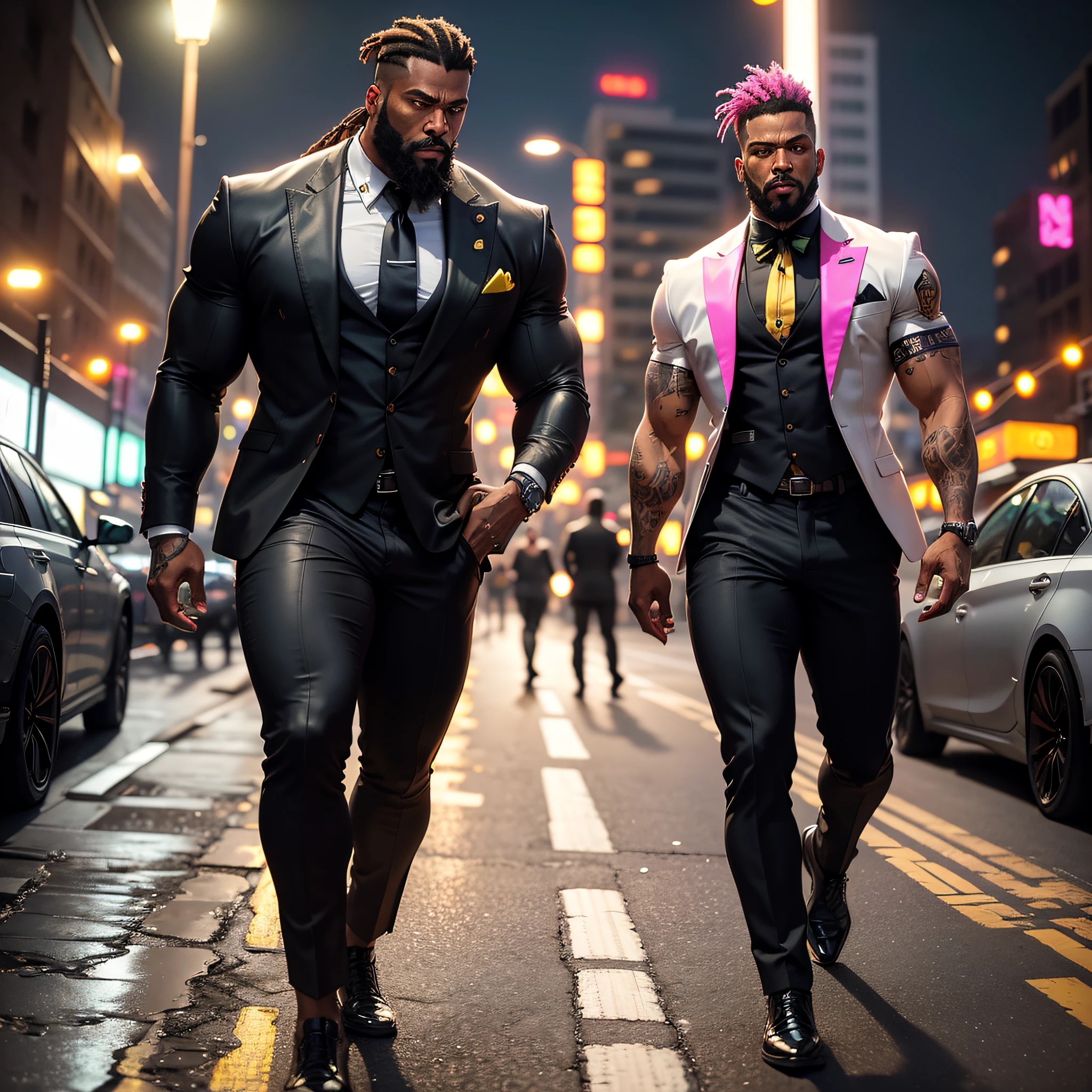 8k，8k resolution，2 muscular Europeans, handsome man，Charming eyes，dark skin,beautiful, smooth and shiny，Full muscles，Thick body hair，naked， (T-shaped)，big bag，emphasize，Two men walking side by side on the street after rain at night，best quality，professional lighting，Professional photography，Realistic photos，realistic model，realistic art