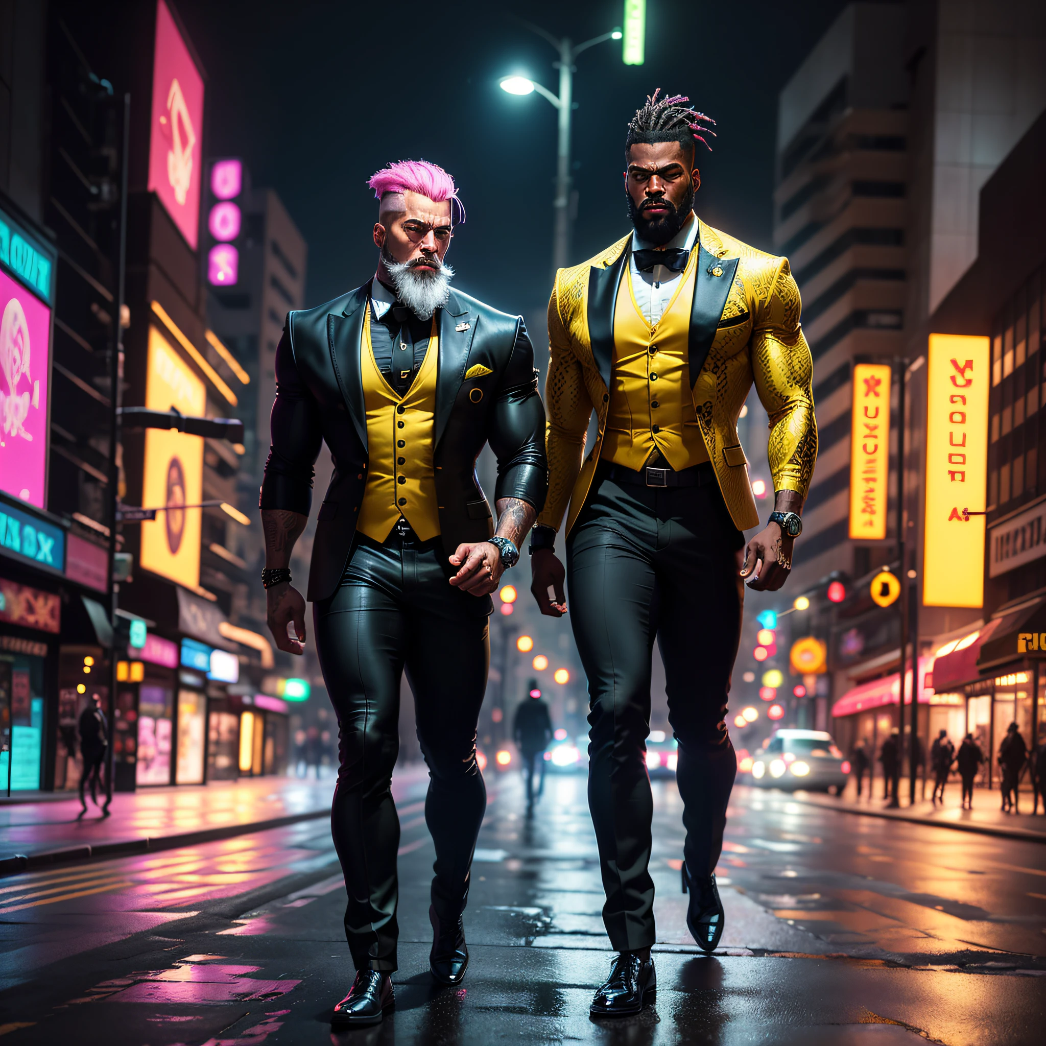 I would like a cyberpunk style image in 4k of 2 characters around 40 years old, African, strong, muscular, bodybuilder, very strong with black skin, big beard, beard, elegant Barbon, with 80s style punk hair in yellow and dark gray . , very elegant, futuristic and stylish neon, with a super colorful and neon tattoo, Toattoo, with a Presidential Rolex on his wrist in front of New York Avenue, Ultra HD Cracked Wet Pavement with Luxury Vehicles around illuminated environment, standing dressed wearing a dark yellow suit with a pink bow tie and loose shirt.