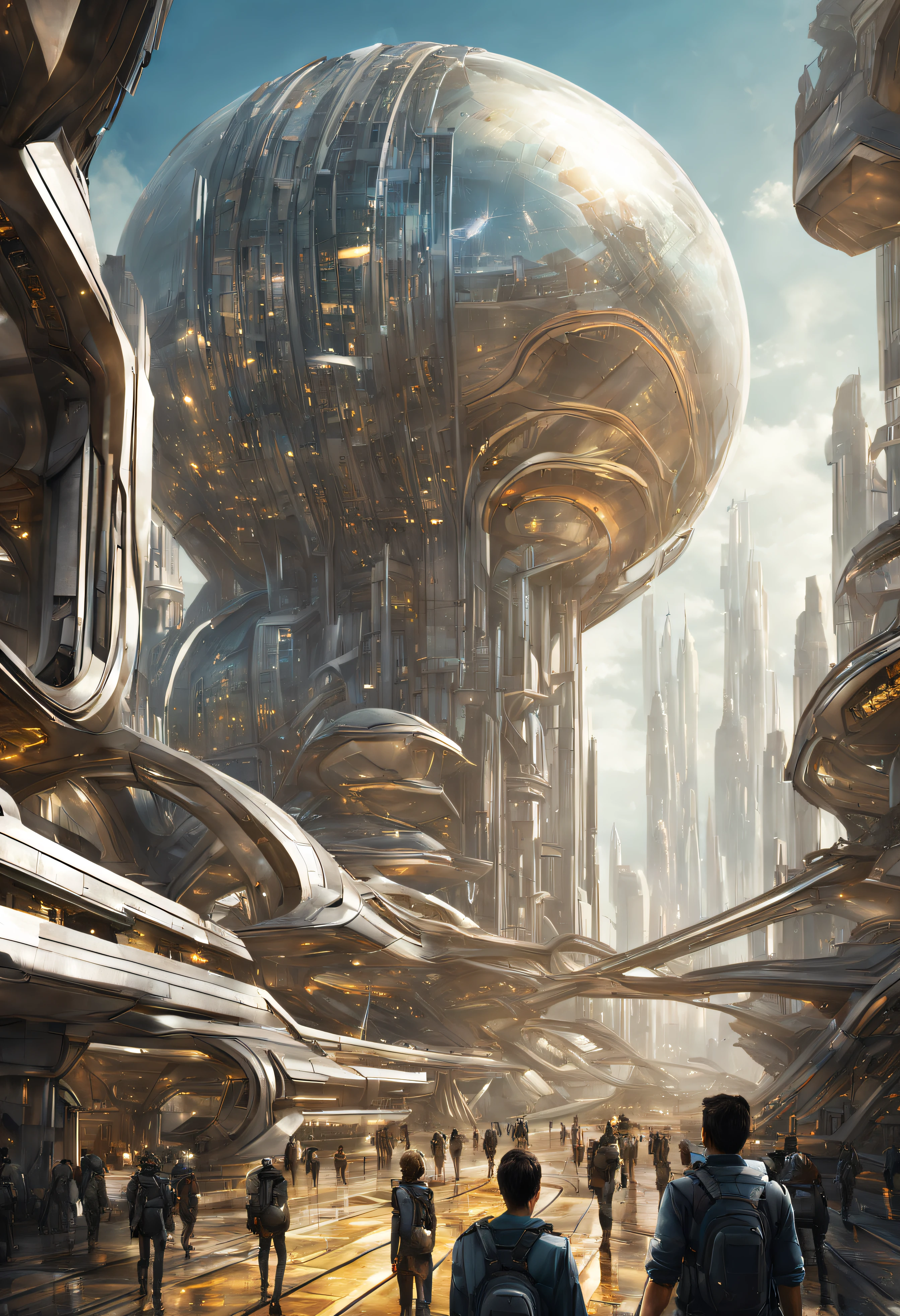 On an unknown planet there is a futuristic city with immense buildings of technological design que forman una infinita avenida, con estructuras acristaladas en plata, oro y bronce espectaculares en la que sobrevive un robot femenino espectacular. con colores vivos. pavimento ensolado. gente paseando.