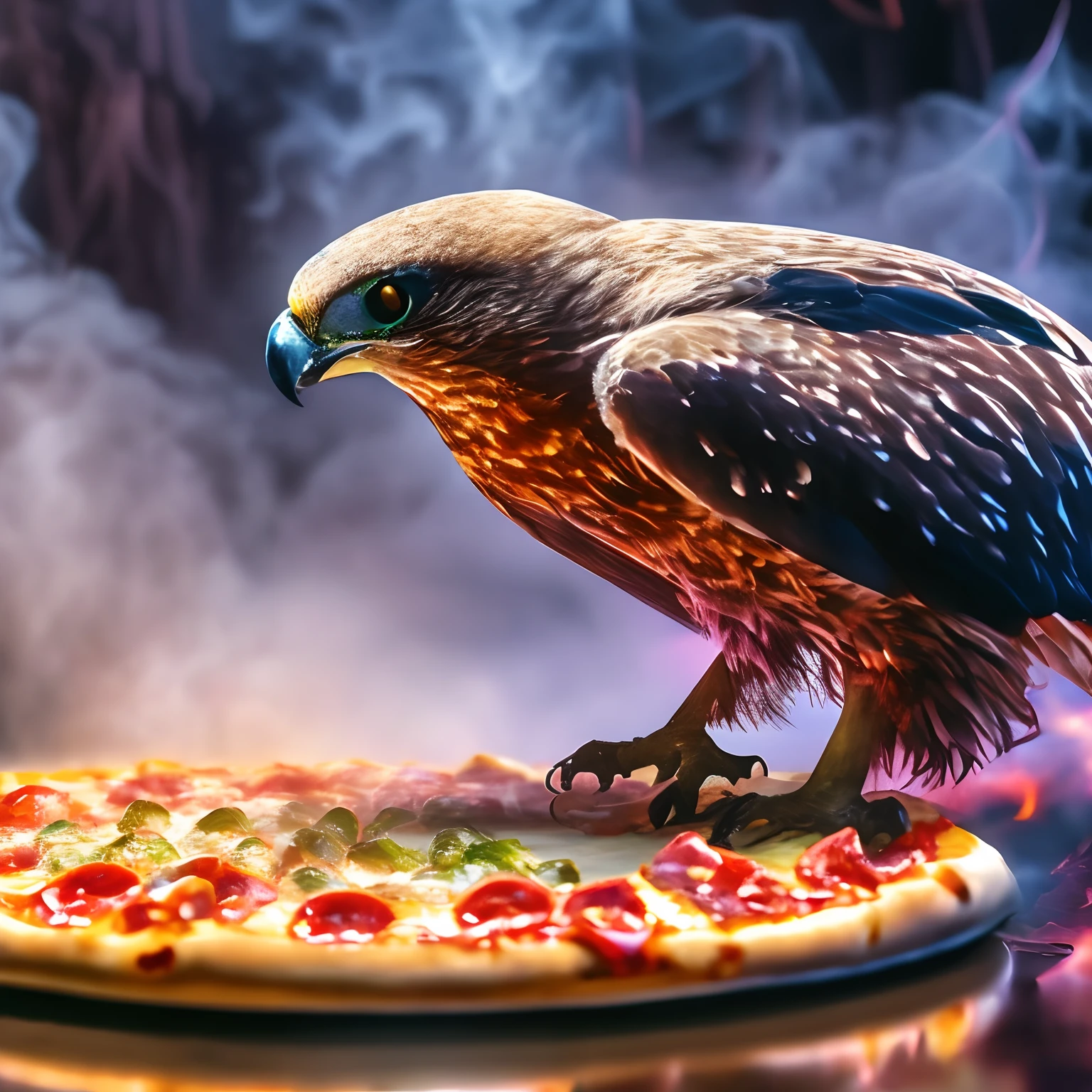 There is a bird, who sits on the pizza on the table, Food Commerce 4K, Chewing pizza, Pizza presentation, Pizza wings, highly detailed 4k digital art, Buttercup eating pizza, Eating pizza, amazing food photography, Fire Bird, Eating pizza, Highly detailed digital graphics, Highly realistic digital art, closeup at the food