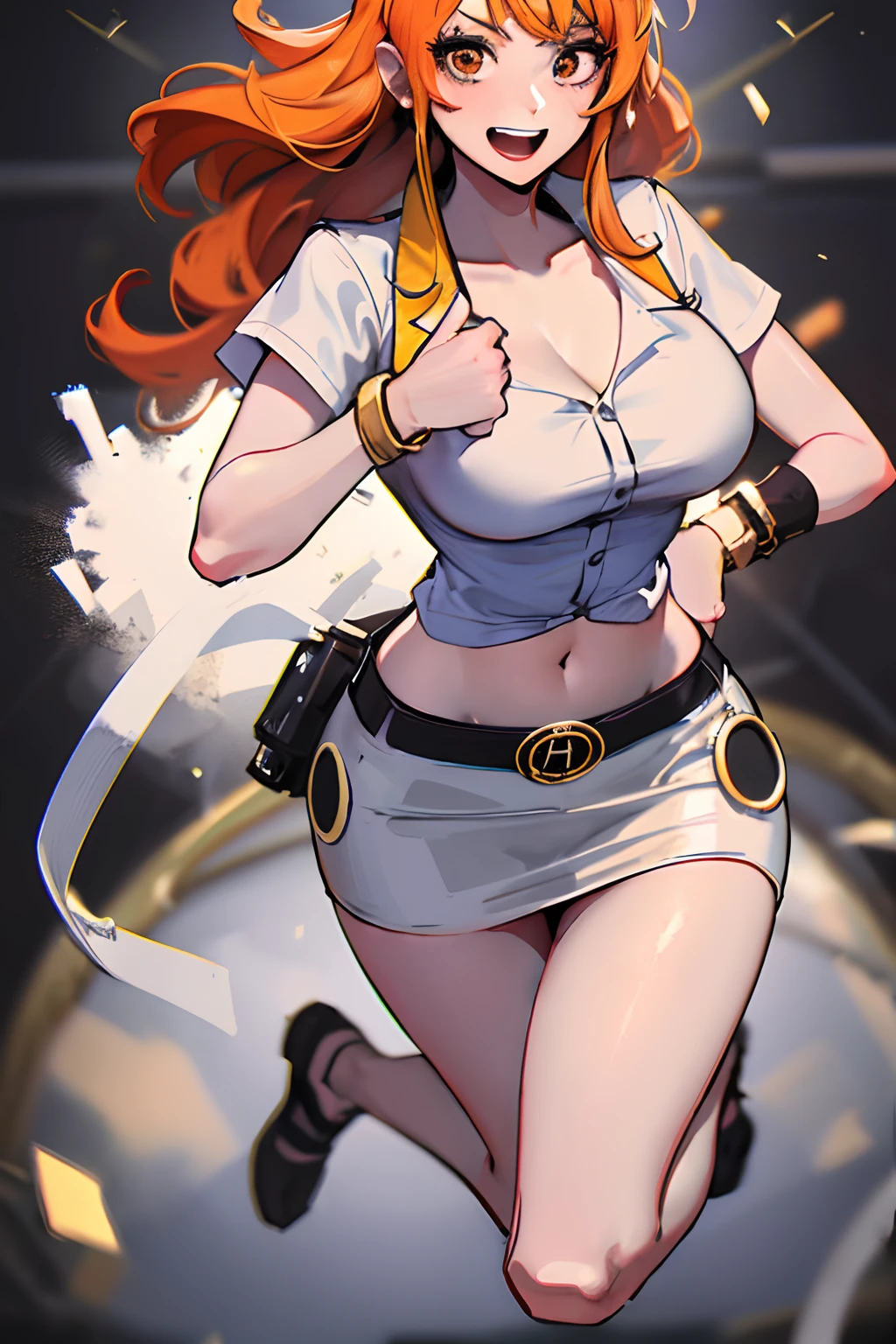 Nami from one piece. Wearing white shirt wirh tight micro skirt. ((4k)) ((ultraHd)). ((Full body)).