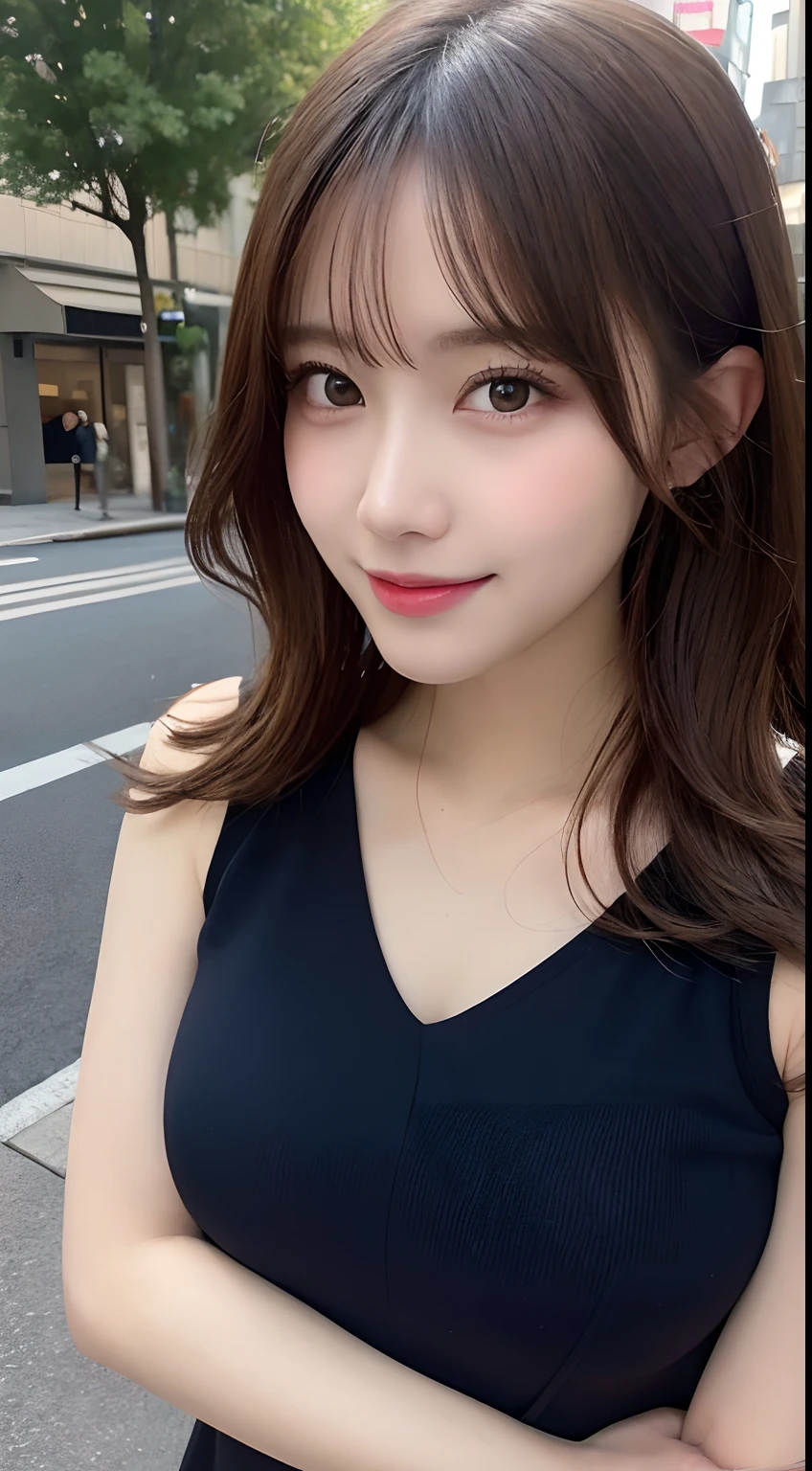 (masutepiece, Best Quality, Illustration, Ultra-detailed, finely detail, hight resolution, 8K Wallpaper, Perfect dynamic composition, Beautiful detailed eyes, Women's Fashion Summer,Ponytail hair, Medium breasts, natural color lip, Bold sexy poses,Smile,Harajuku、20 years girl、Cute、Sexy shot looking at camera, SFW)