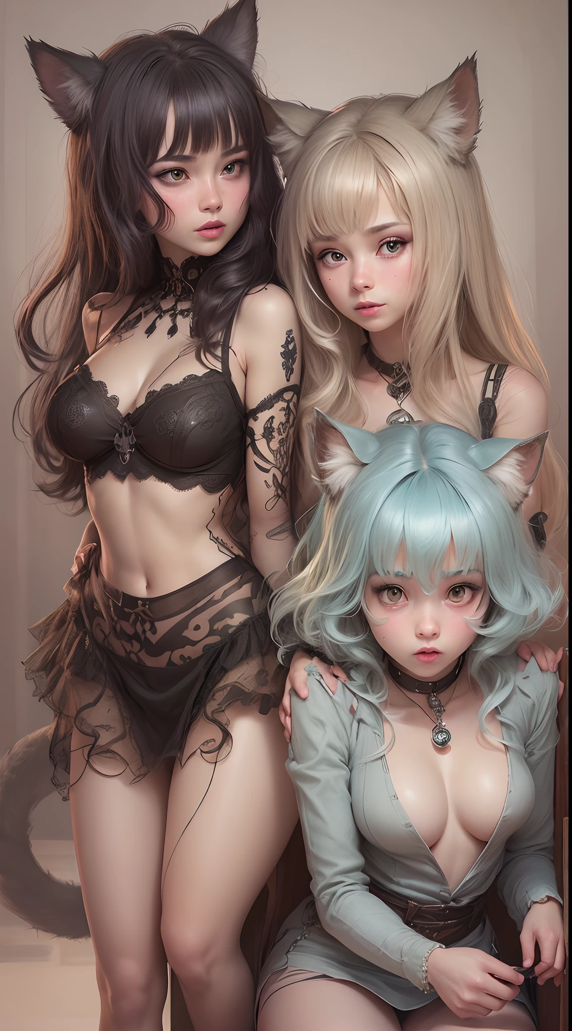 best quality, skinny Cat Girl Beauties, Multiple Girls, (Various Hair-styles:1.2), (Various Hair-colors), (Various Boob-Sizes), ((diverse and cute Lingery:1.2)), Welcoming, 5 Sisters, Family-Portrait, Close Contact, Full-Body