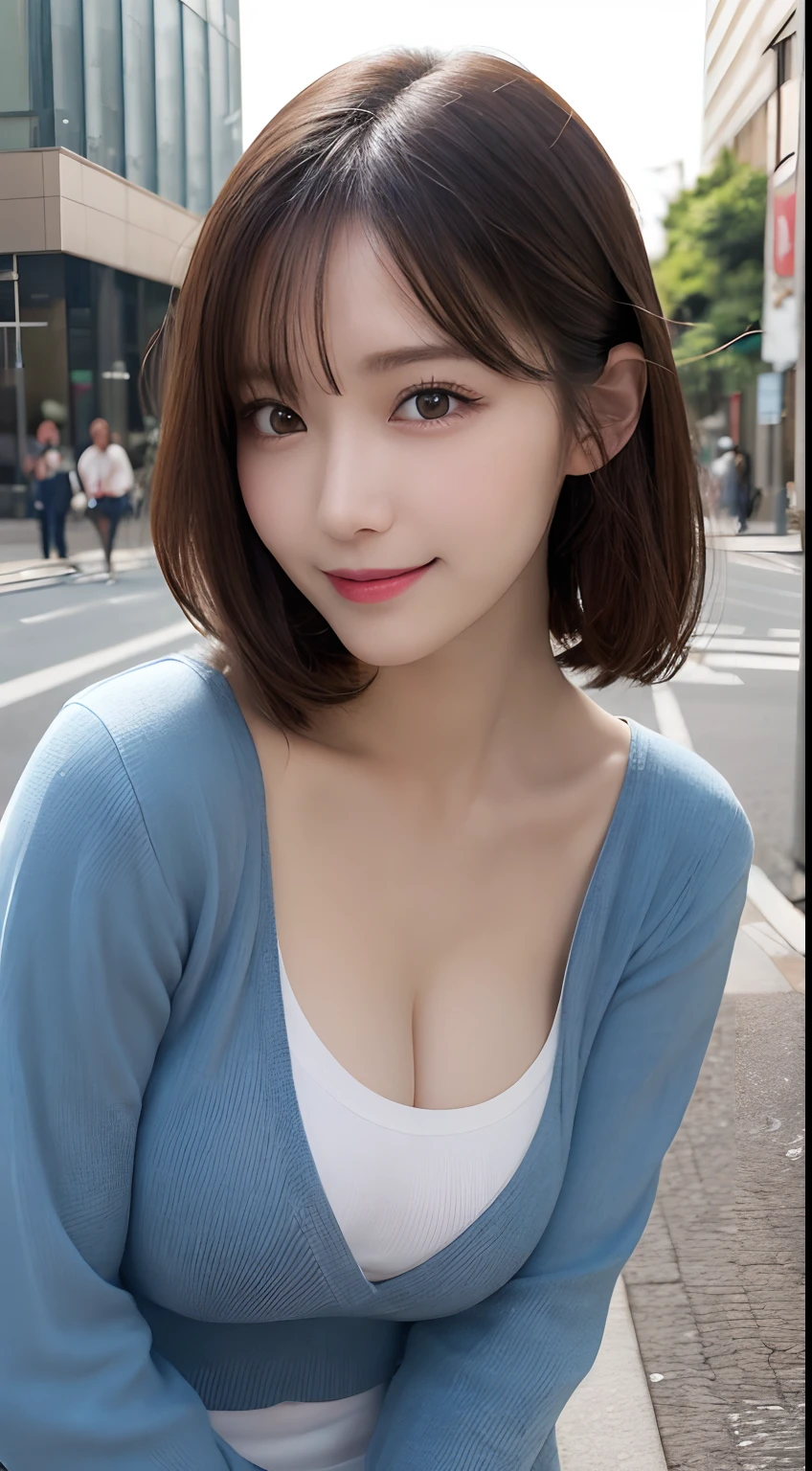 masuterpiece, Best Quality, Illustration, Ultra-detailed, finely detail, hight resolution, 8K Wallpaper, Perfect dynamic composition, Beautiful detailed eyes, doress,bob cut Hair,  Natural Color Lip, Random and sexy poses,Smile,Aoyama Street Walk,28 years girl,(large breasts)