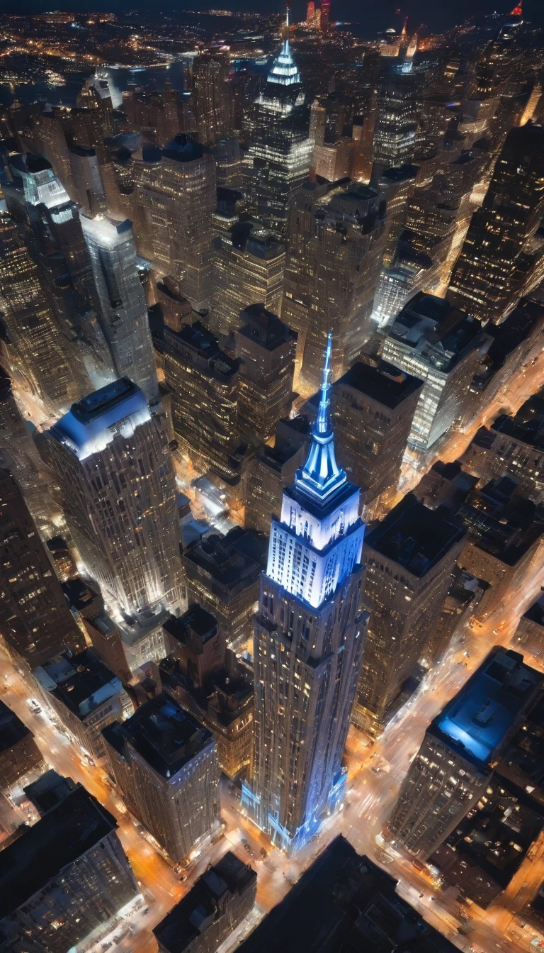 Night Aerial View of Cinematic Realistic Buildings with Blue Lights in New York City Windows Top View Down More Bluish Ambience