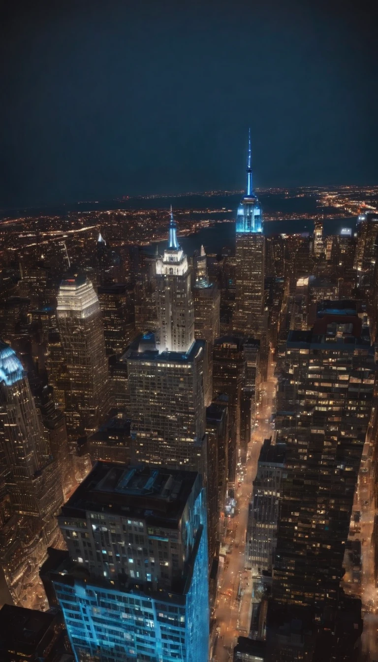 Night Aerial View of Cinematic Realistic Buildings with Blue Lights in New York City Windows Top View Down More Bluish Ambience