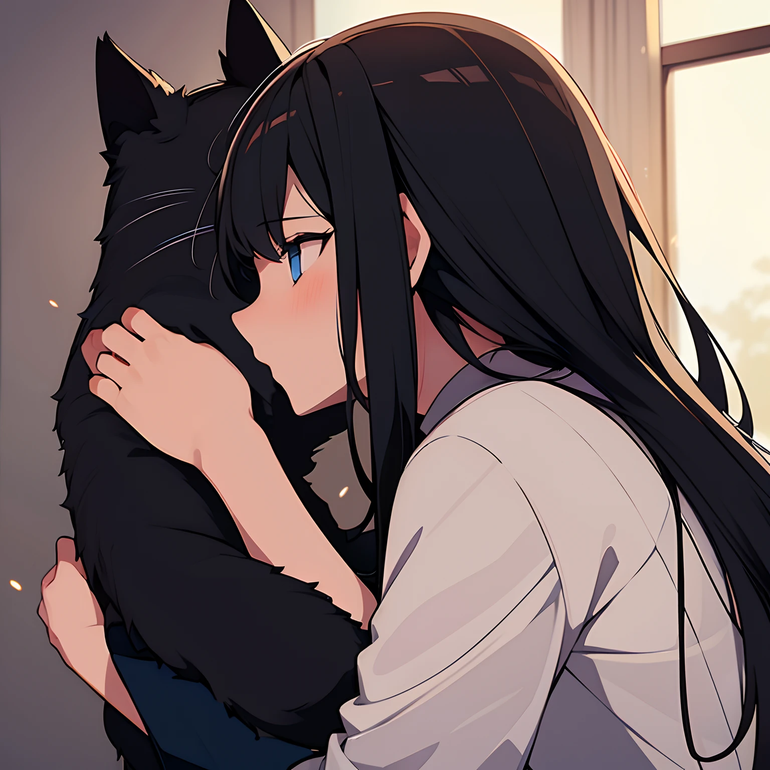 1girl, blak hair, hugging cat
