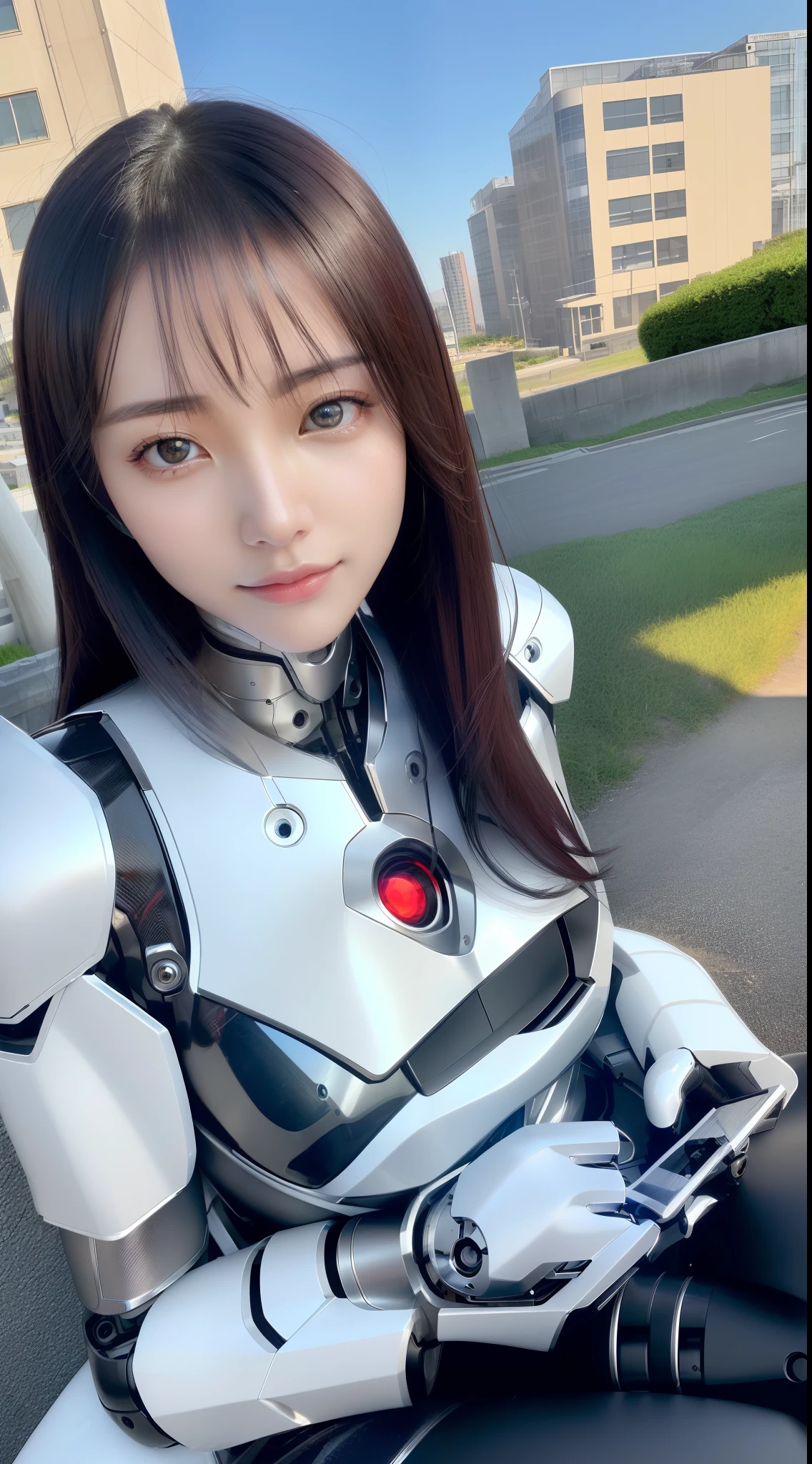 ((masutepiece)), ((top-quality), high quarity、ultra-definition, (Realistic),  (Ultra-fine face)、fulcolor 、scientific fiction、Beautiful robot woman、(((Robot joints)))、((machine components))、((Electronic substrate))、White porcelain mechanical armor、(Curvaceous face)、(Slender eyes)、thin mouth、deadpan、straight haired、Machine Gloves、Sit up、(Outside the city)、face perfect