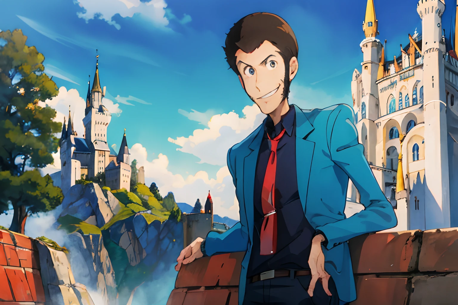 Lupin, Blue jacket, Black shirt、Red tie, Smile, 1boy, Neuschwanstein Castle in the background