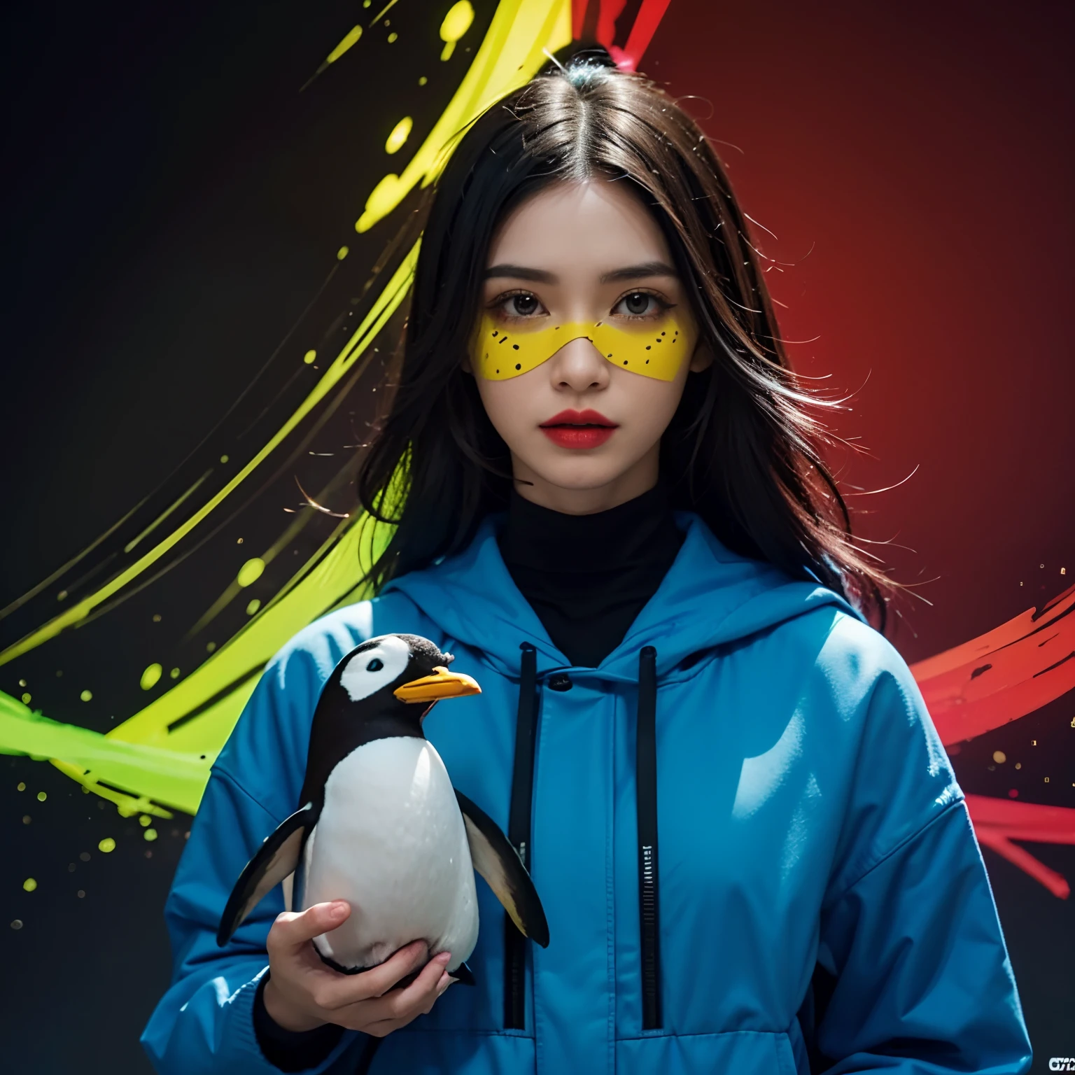 Electric Penguin shape de metal y porcelana, red black green purple yellow white makeup, ojos verde oscuro, Estilo Cel-shading, Imagen centrada, ultra-detailed illustration, (Tetradic colors), InkPunk, Ink lines, contornos fuertes, Arte de Mschiffer, Rastros en negrita, alto contraste, cel-shaded, Vector, 32k resolution, La mejor calidad, (chromatic abberation:1.8), Nueva York, kanji,penguin,cyberpunk,cabello mojado,Arco del iris,lluvioso,Pato de goma, Mujer negra, Mujer negra, Mujer negra, Mujer negra, rubio,viento,Vector,matriz de puntos,cabello mojado,Tendencias de ArtStation, Mitad de viaje,todo amarillo, Amarillo intenso,(amarillo:0.1),(verde:0.3),(red:1.8),Detallado:2.0),(ojos azules:1.2),(complex:0.9),(intricate:0.3),(metal:0.1),(Crystal:0.1),(silver:0.7),(legend:0.1),(purple:0.5)