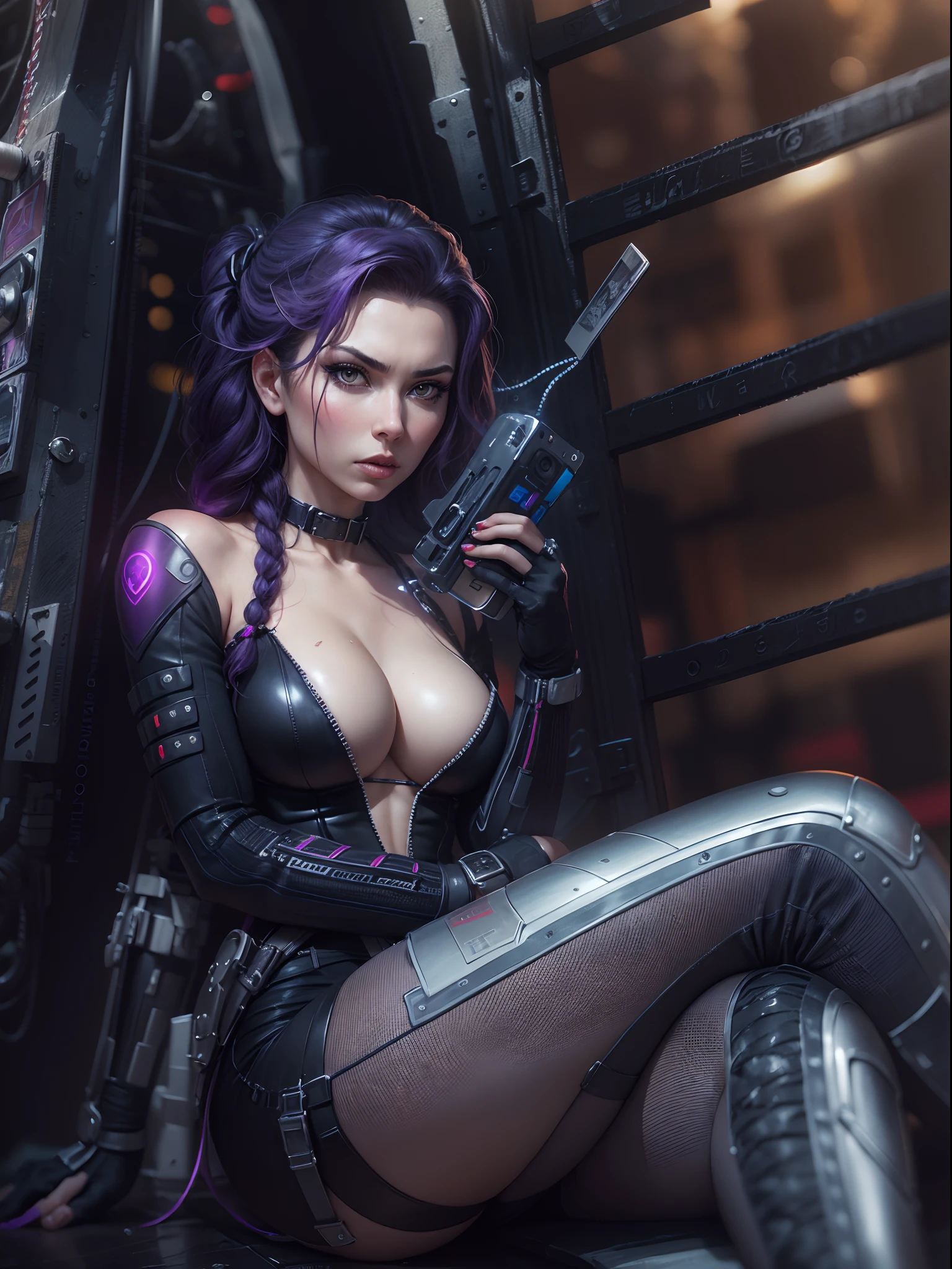 Best quality, masterpiece, detailed, Yen, dreamy and sexy Black Widow, extremely disappointed, sitting with elbows on knees, she has a platinum braid, fashionable purple tattoo, bathed in shadows, masterpiece, alluring desire, spacepunk, f/1.8, instax, high-octane engine, 4K, 8K resolution