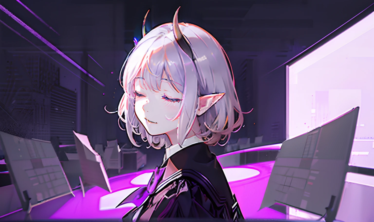 Single portrait screen,schoolgirls,Light purple skin,High saturation,White hair, curlies, Short hair,devil horns, Closed eyes, Eyes closed, Pointy ears, long and pointed ears,Black and white hip skirt