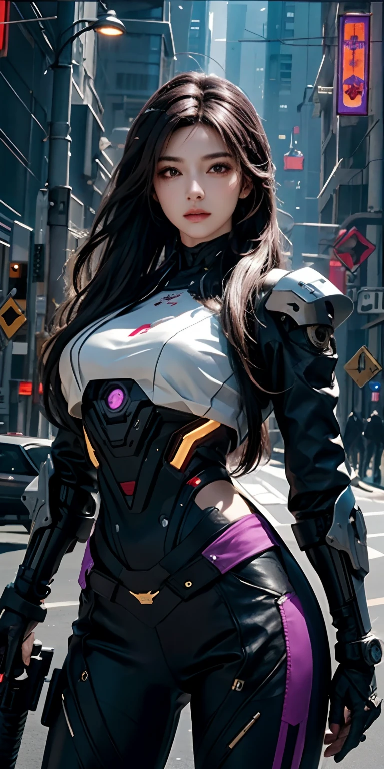 photorealistic, high resolution, soft light,1women, solo, hips up, (detailed face),purple long hair, cybersamurai, cyborg, cyberpunk, cyber armor, holding weapon,glowing,gun, sniper, on the street