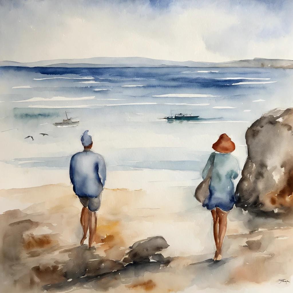 A white paper represented only in ink,1male people, 1womanl, Sea background,  ventania, watercolor paiting, Watercolor blur, ink and watercolor painting