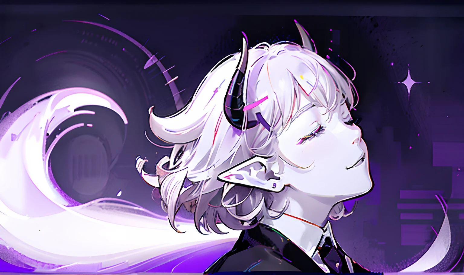 Single portrait screen，schoolgirls，Light purple skin，High saturation，White hair, curlies, Short hair,devil horns, Closed eyes, Eyes closed, Pointy ears, long and pointed ears，Black and white hip skirt