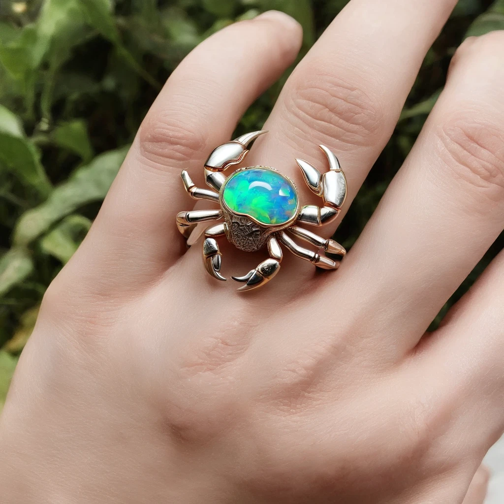 （Close-up of ring of gravel opal in crab shape：1.8）, （The crab body of the crab is made of gravel opal），（Crab's cute eyes set with rubies），（The mouth），（2 crab clips wrapped around the ring handle：1.0），Playful tentacles，Complete limbs full of details，对称，（Professional inlaying），copious jewelry, ,Platinum and gold thread，Cute shape，Cartoony，