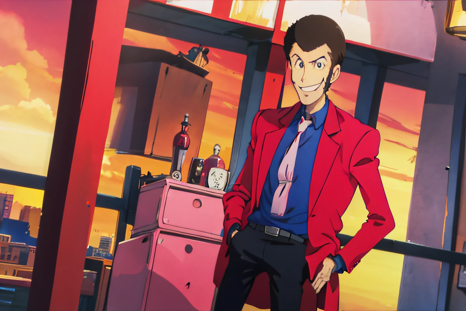 Lupin, Red jacket, Pink tie, Smile, 1boy, Hands in pockets, newyork