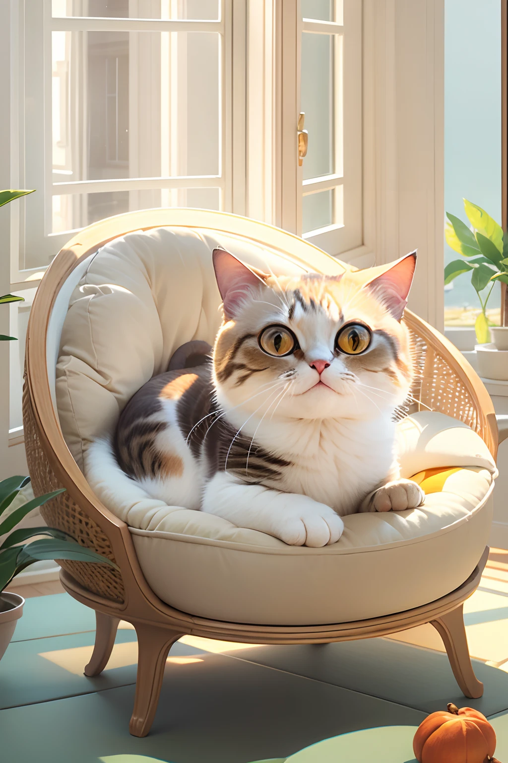 A round-eyed cute cat, Lie on a white sofa chair, Blow the fan.Sunlight outside the window.