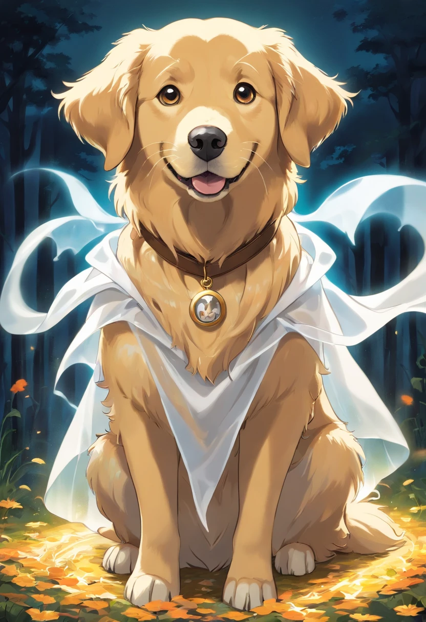 golden retriever wearing a ghost costume, cartoon