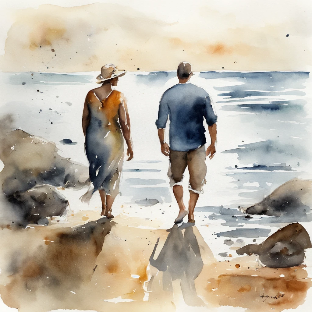 A white paper represented only in ink,1male people, 1womanl, Sea background,  ventania, watercolor paiting, aquarelle, ink and watercolor painting