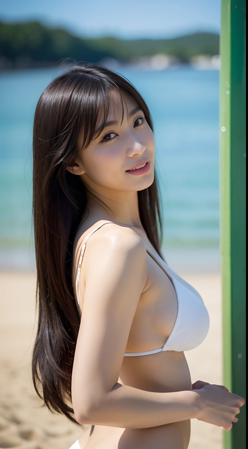 ((top-quality、in 8K、masterpiece:1.3))、sharp:1.2、Perfect Body Beauty:1.4、Slim abs:1.2、((Layered Hair Style、large boob))、Wear a beach volleyball bikini、、Beach volleyball bikini、(Rain、Street:1.2)、Wetty:1.5、Highly detailed facial and skin texture、A detailed eye、二重まぶた、Aspect of looking at the camera、the beach、shores、s ass