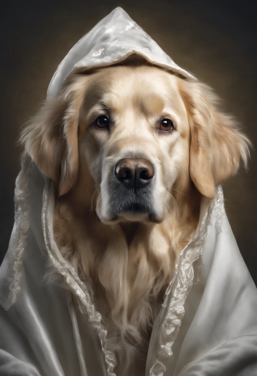 golden retriever wearing a ghost costume, cartoon