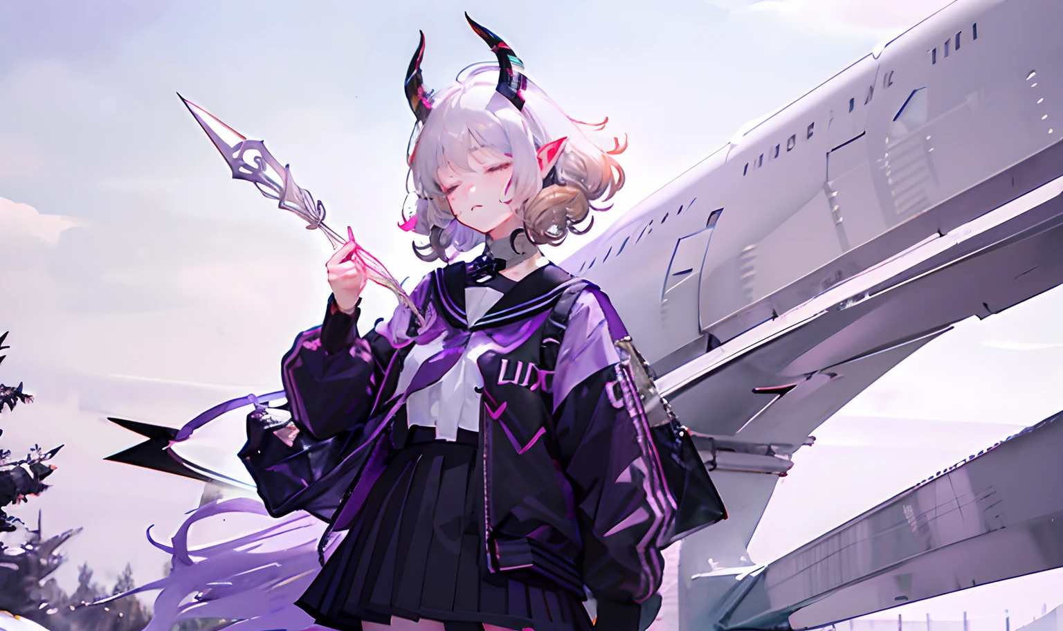 Single portrait screen,schoolgirls,Light purple skin,High saturation,White hair, Instant noodle curls, Short hair,devil horns, Closed eyes, Eyes closed, Pointy ears, long and pointed ears,Black and white hip skirt