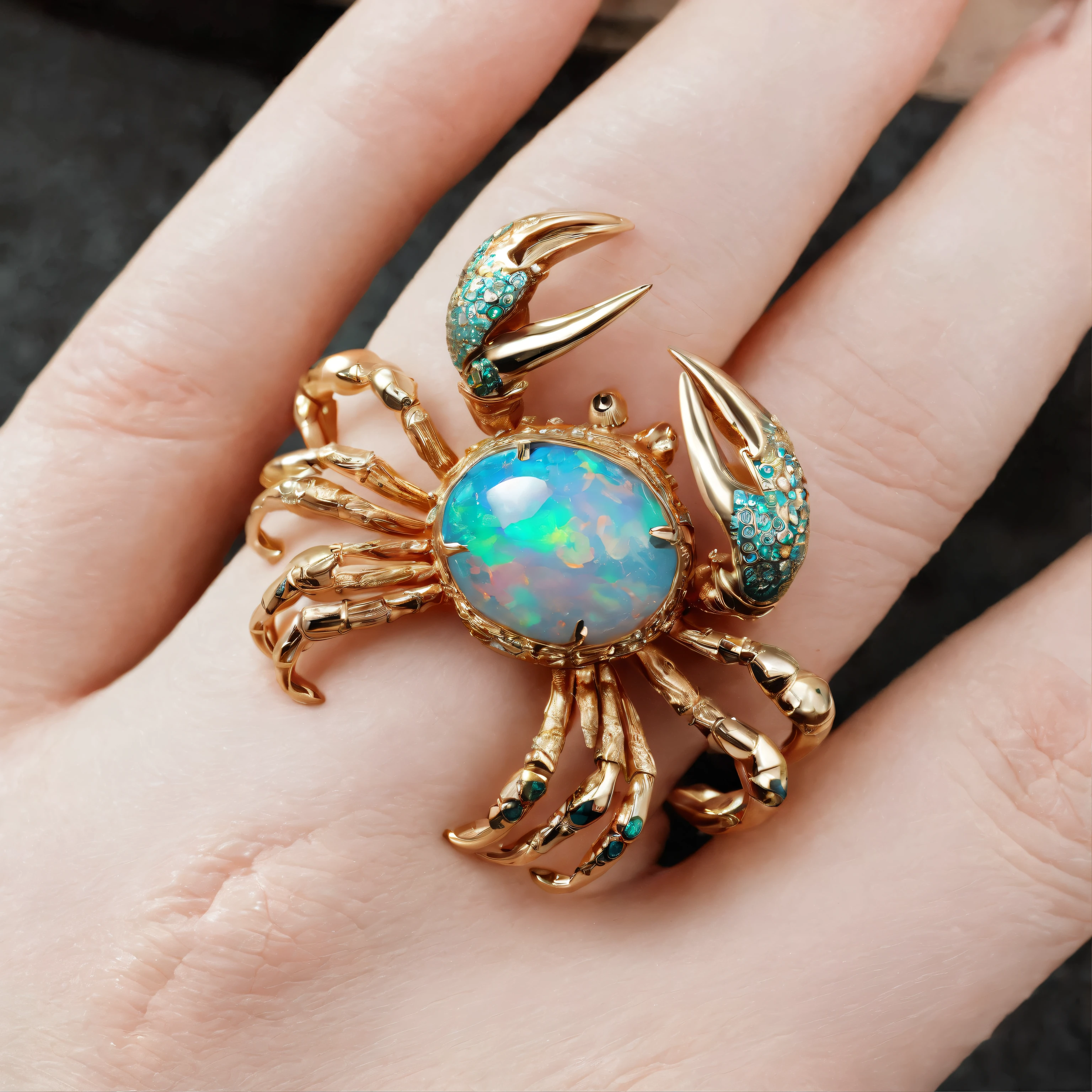 （Close-up of ring of gravel opal in crab shape：1.8）, （The crab body of the crab is made of gravel opal），（Crab's cute eyes set with rubies），（The mouth），（2 crab clips wrapped around the ring handle：1.0），Playful tentacles，Complete limbs full of details，对称，（Professional inlaying），copious jewelry, ,Platinum and gold thread，Cute shape，Cartoony，