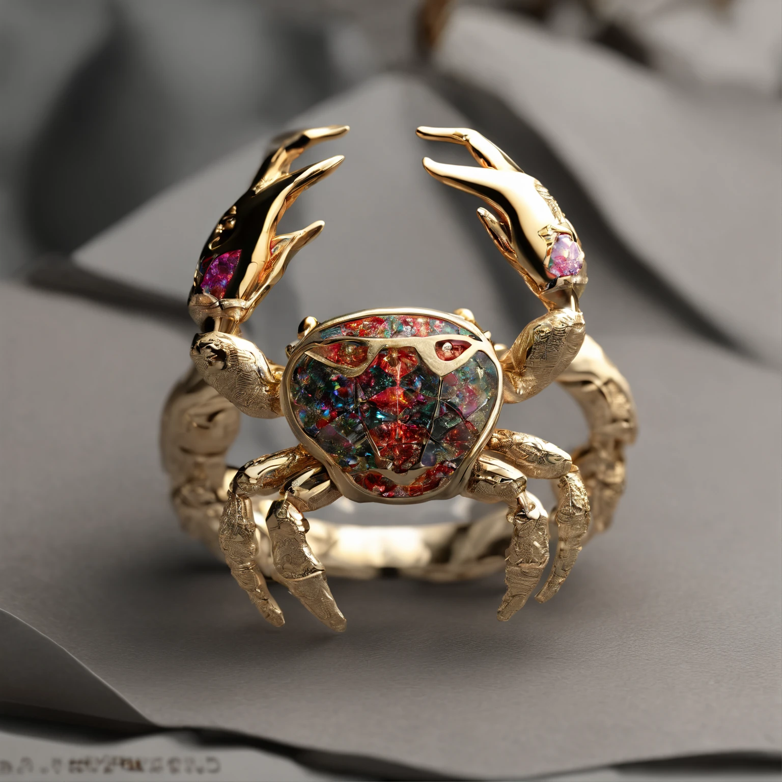 （Close-up of crab gravel opal ring：1.8）, （The crab's body is made of gravel opal），（The crab's lovely eyes are set with rubies），（The mouth），（2 crab clips wrapped around the ring handle：1.0），Playful tentacles，Complete limbs full of details，对称，（Professional inlaying），copious jewelry, ,Platinum and gold thread，Cute shape，Cartoony，