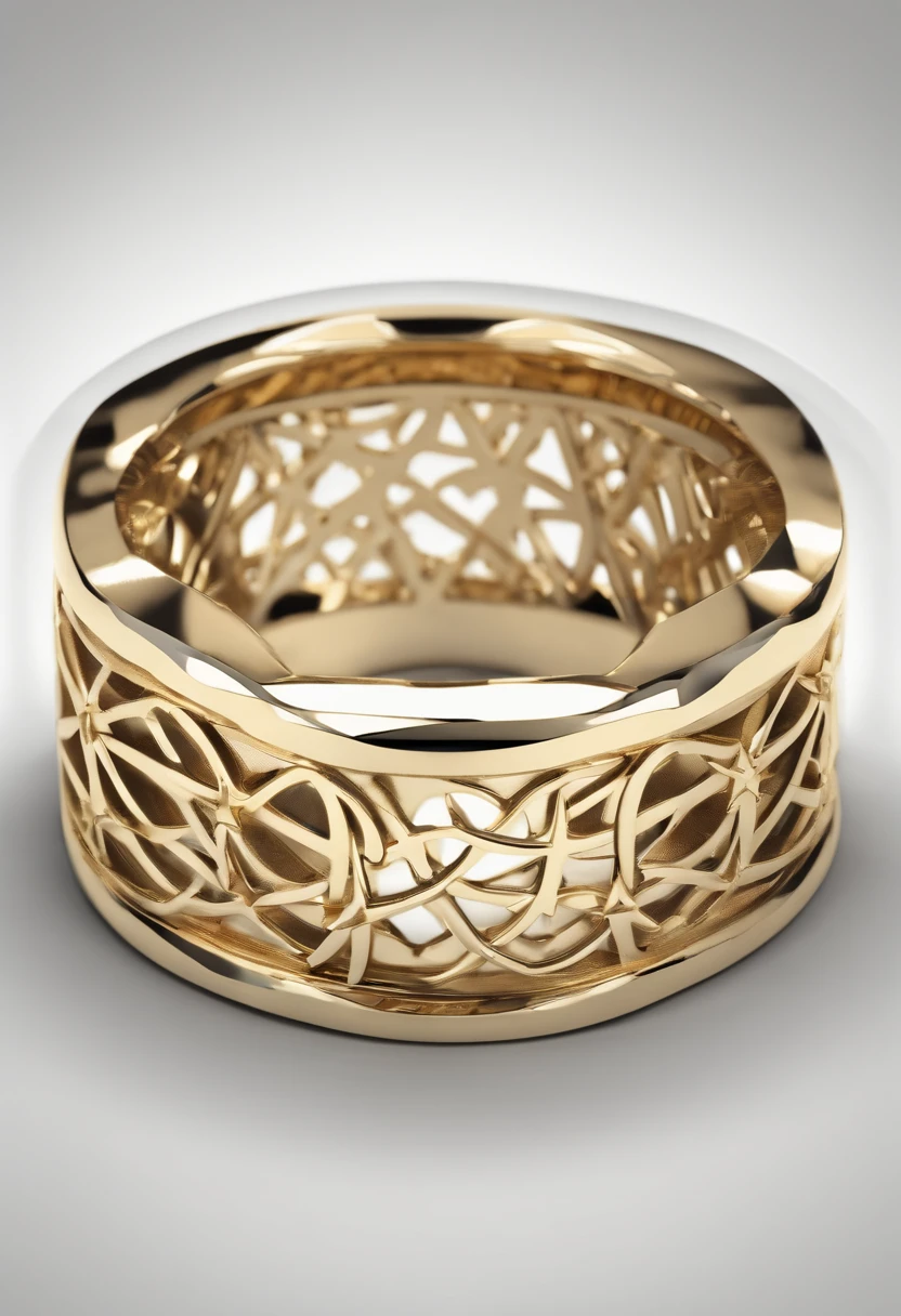 Yellow gold ring，（（Ring concept blueprint）），,(Ring cross-sectional wave pattern and pentagram)，（（Master craftsmanship）），（Ring and hemming），Natural sunlight，Shining Effect