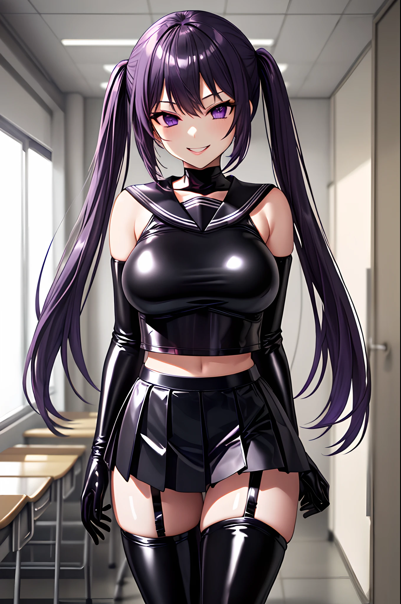 purple hair, long hair, purple eyes, large breasts, 
class room, indoors, solo, upper body, 
are shoulder, black pvc outfit, (black pvc serafuku:1.3), (black pvc pleated skirt:1.1), black pvc elbow gloves, black pvc thigh boots, (garter straps:1.2), 
evil smile, 
shiny hair, shiny skin,