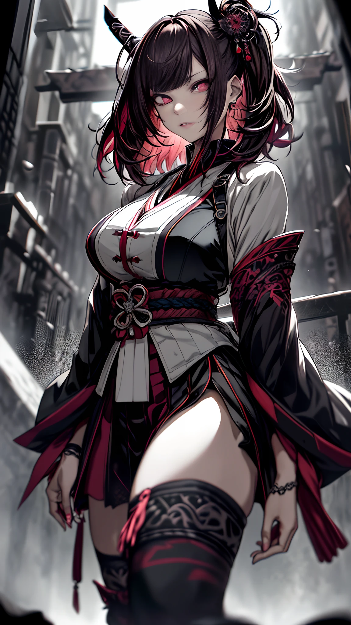 Samurai sword、Twin-tailed、Side Up、red eyes、mobile phone、iphone、Full body、A dark-haired、Gothic punk、A dark-haired、Blunt bangs、Ahegao ( Silly / Sexual ecstasy)、Cross-eyed、Stranger、View other people、Blunt bangs、 over-kneehighs,Ahegao , Silly,Sexual ecstasy,Drunken eyes,Blunt bangs,(masutepiece:1.2, Best Quality), (finely detailed beautiful eye: 1.2), (Detailed background,Dark Fantasy), (beautifull detailed face), High contrast, (Best Illumination, extremely delicate and beautiful), ((Cinematic Light)), Colorful, Hyper Detail, Dramatic light, Intricate details,