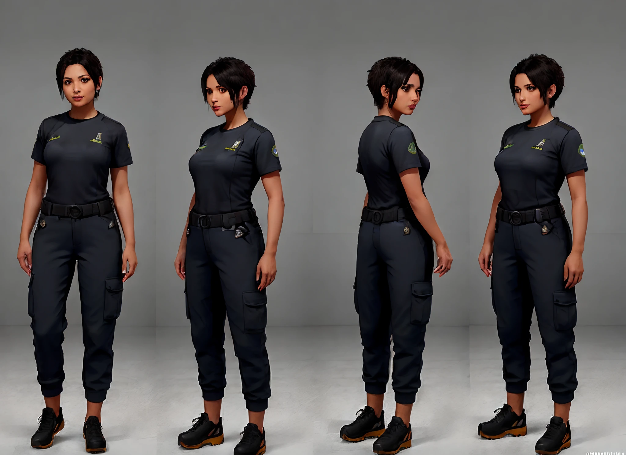 (melhor qualidade,4k,high resolution), (melhor qualidade,4k,high resolution),uma reviravolta de uma linda garota, cabelo pixie raspado muito curto, cabelo preto, olhos azuis, vestindo uma camiseta preta, cargo pants, cinto de ferramentas, manchas de graxa na pele
